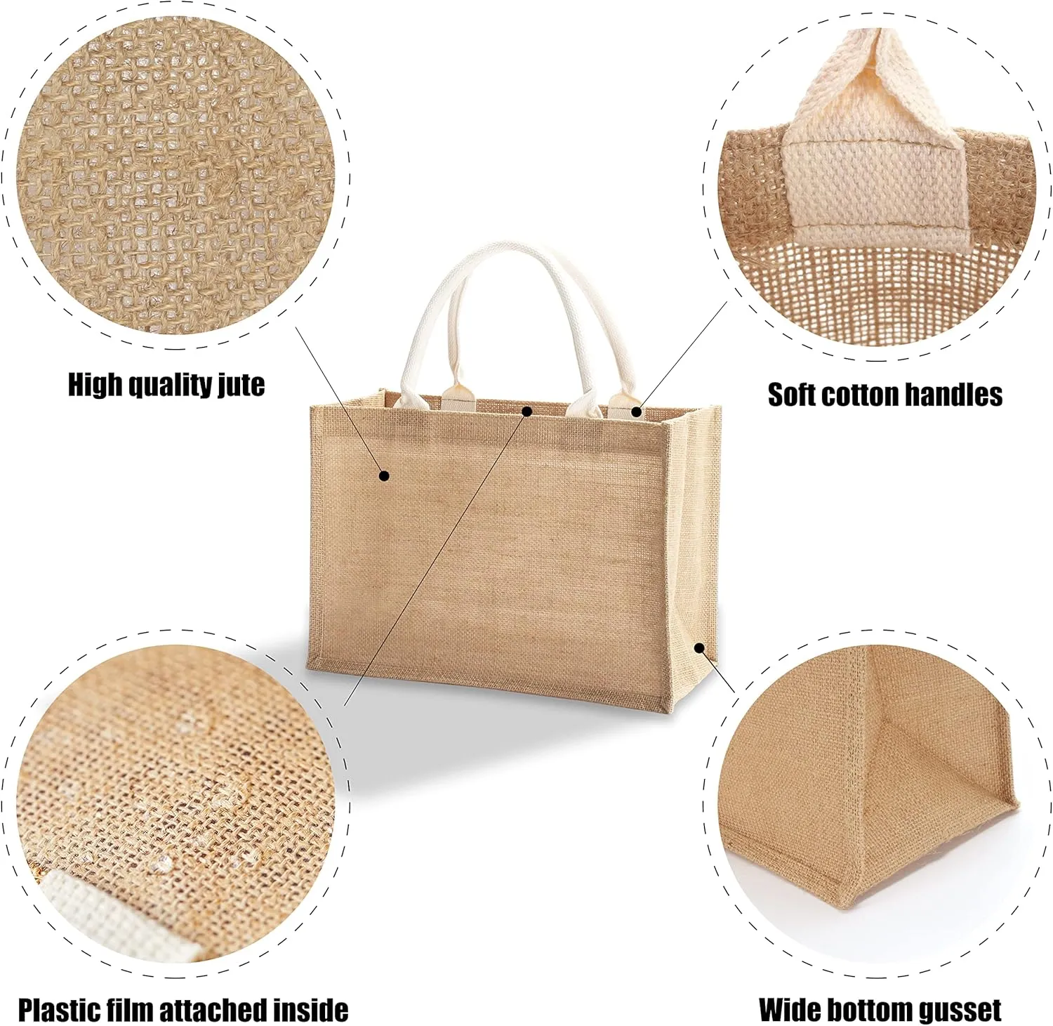 Jute Tote Bags, 14.5" x 6.7" x 10.2" Pack of 1 Burlap Bridesmaid Bags, Burlap Beach Totes, Jute Travel Bags with handles, Tote Bag for DIY,Gym,Shopping,Wedding