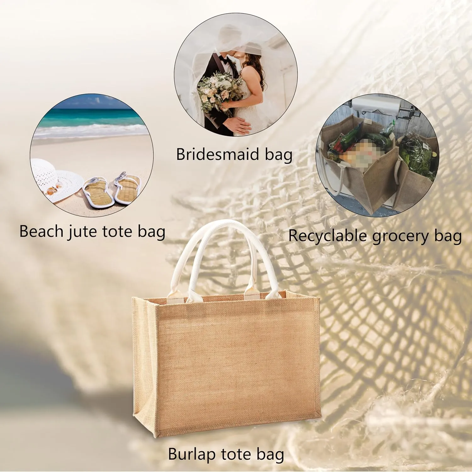 Jute Tote Bags, 14.5" x 6.7" x 10.2" Pack of 1 Burlap Bridesmaid Bags, Burlap Beach Totes, Jute Travel Bags with handles, Tote Bag for DIY,Gym,Shopping,Wedding