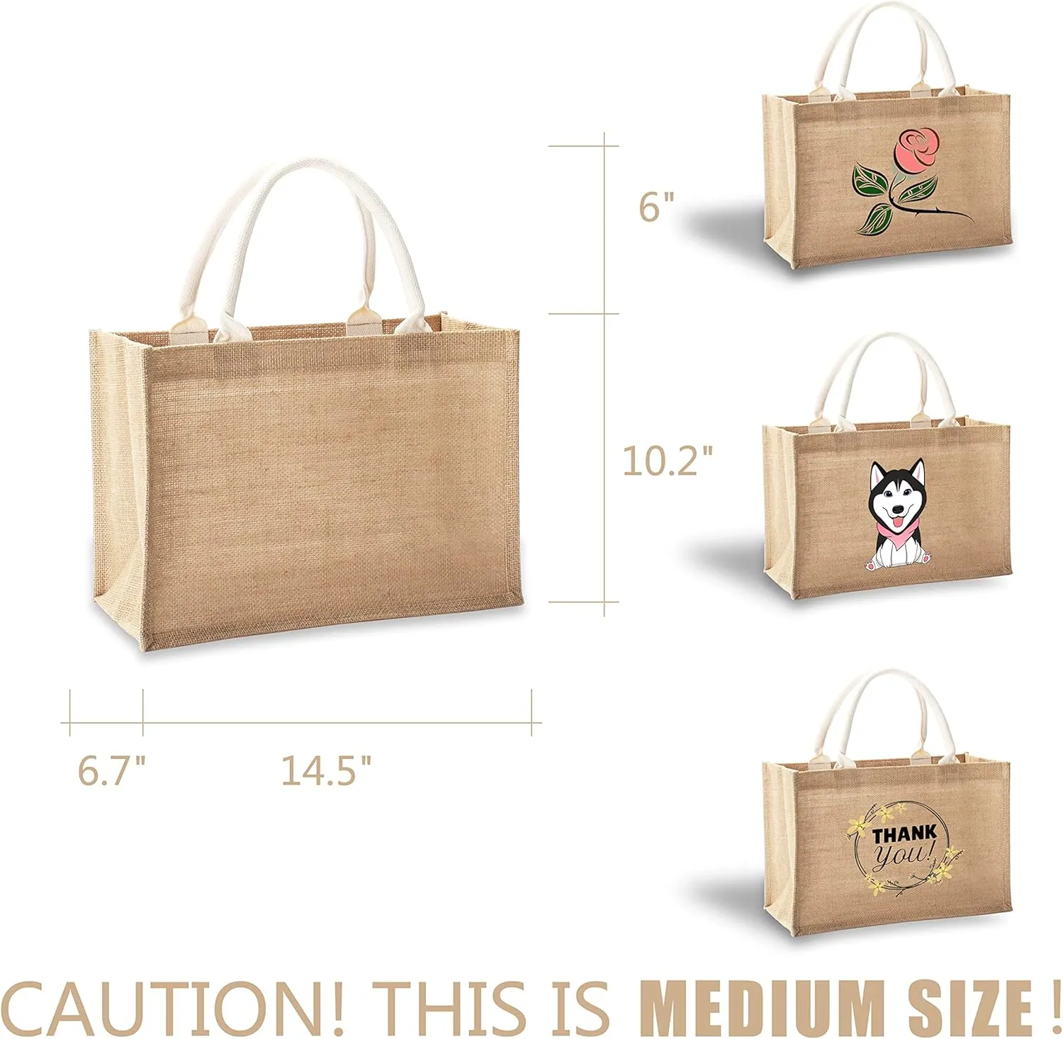 Jute Tote Bags, 14.5" x 6.7" x 10.2" Pack of 1 Burlap Bridesmaid Bags, Burlap Beach Totes, Jute Travel Bags with handles, Tote Bag for DIY,Gym,Shopping,Wedding