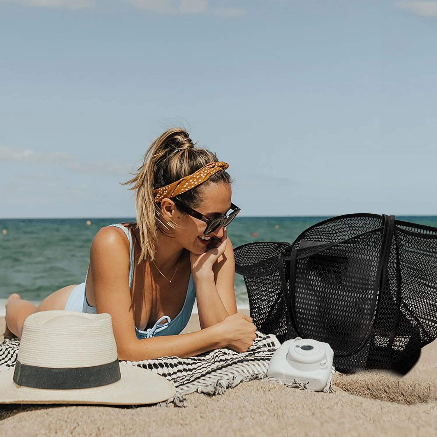 KALIDI BeachNylon Mesh Tote Bag, Casual Tote Bag Hobo Women Foldable MAX 23L Shoulder Bag For Beach Picnic Vacation