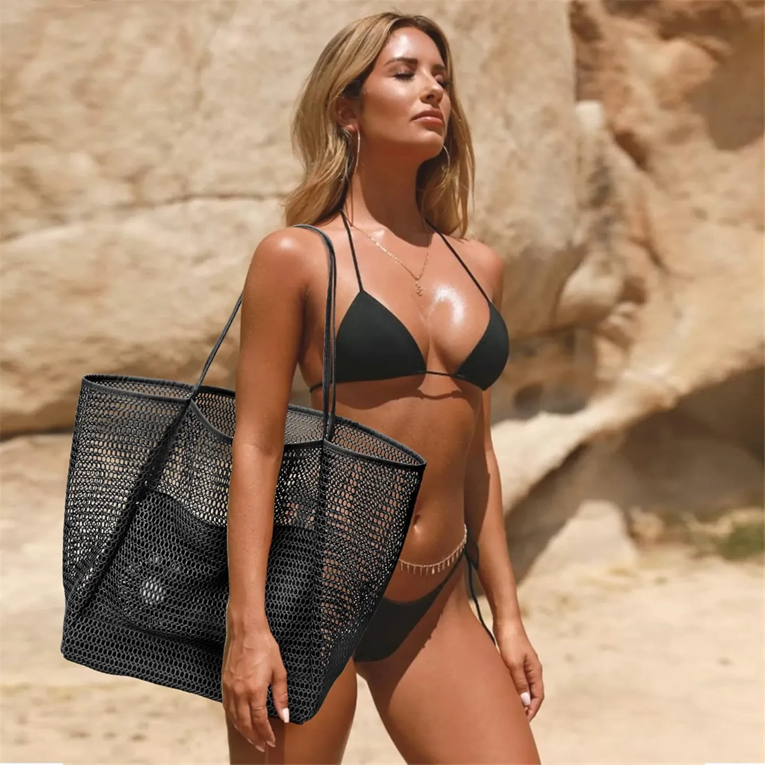 KALIDI BeachNylon Mesh Tote Bag, Casual Tote Bag Hobo Women Foldable MAX 23L Shoulder Bag For Beach Picnic Vacation