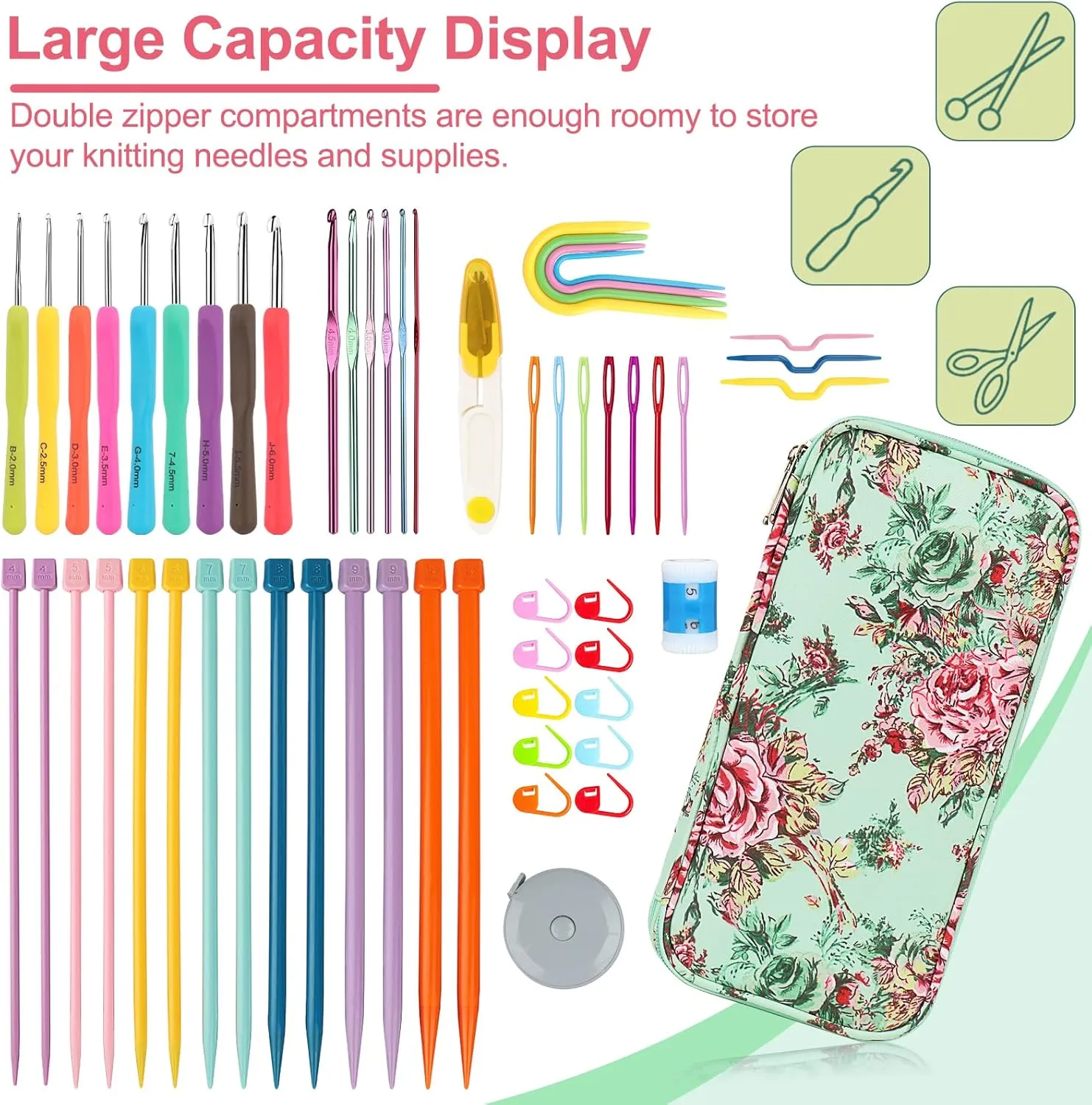 Katech Knitting Needles Case Empty Zipper Bags Organizer Portable Travel Crochet Hooks Storage Bag with Web Pocket and Holder Slots for Carrying Various Crochet Needles and Knitting Accessories