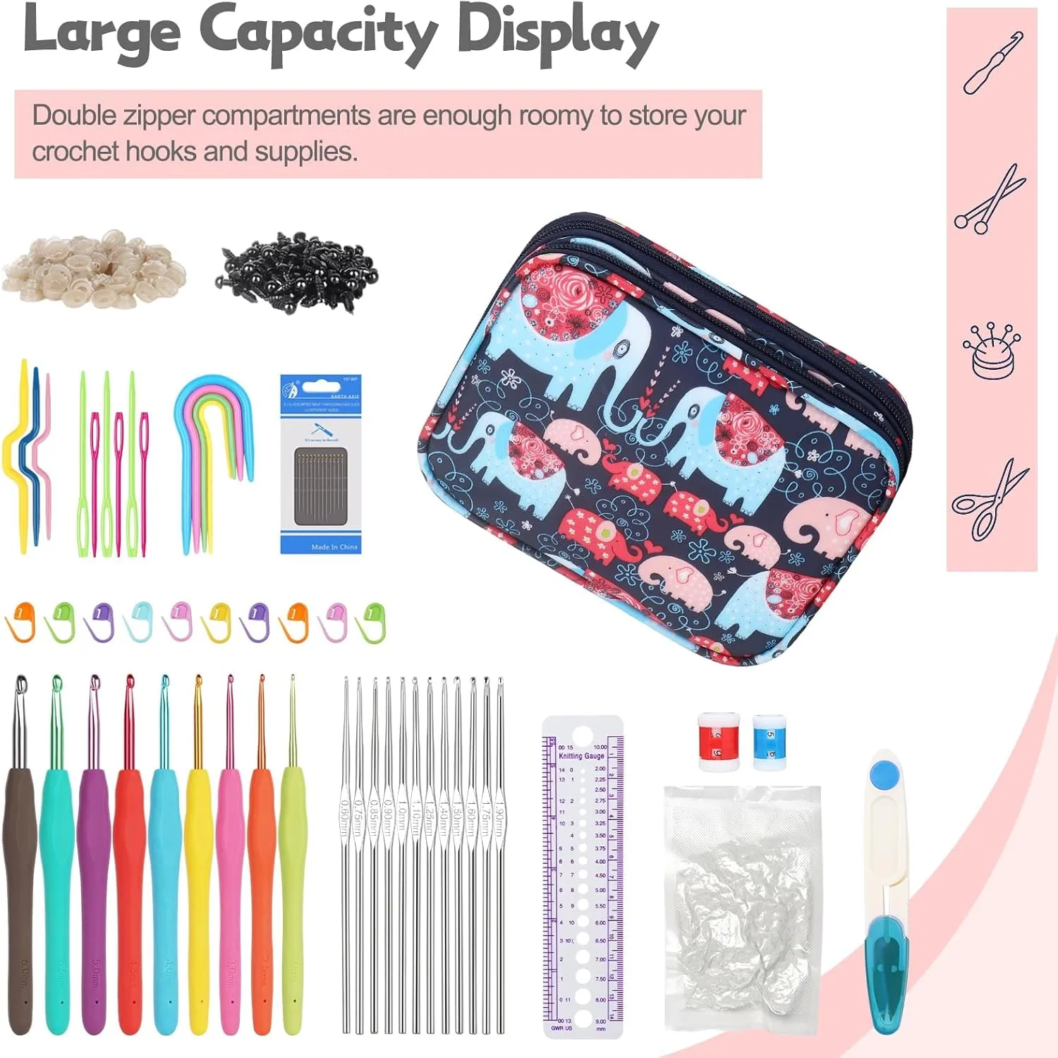 Katech Portable Travel Crochet Storage Bag Organizer with Zipper, Web Pocket and Crochet Holder Slots for Knitting Accessories (Elephant Pattern)