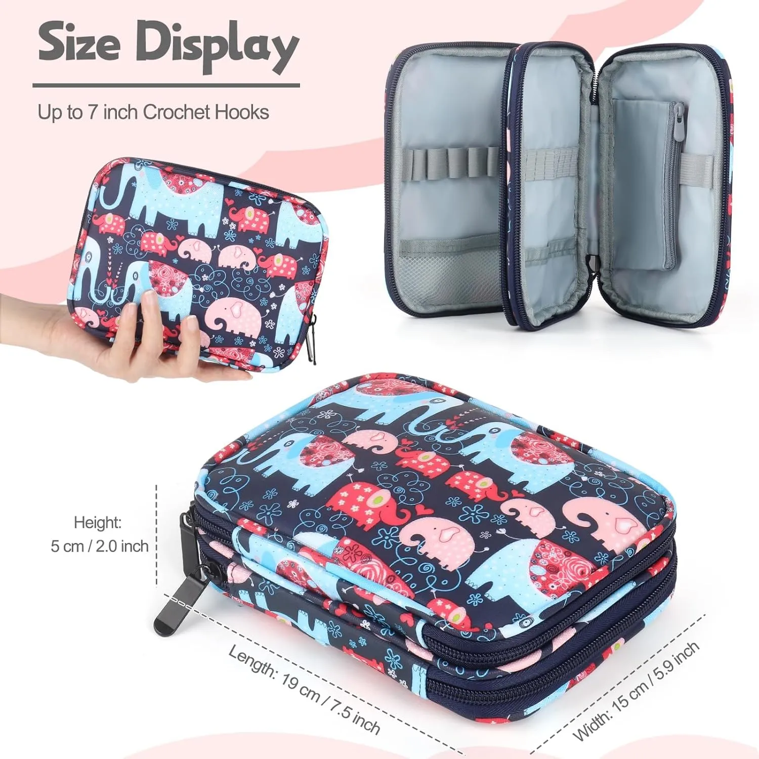 Katech Portable Travel Crochet Storage Bag Organizer with Zipper, Web Pocket and Crochet Holder Slots for Knitting Accessories (Elephant Pattern)