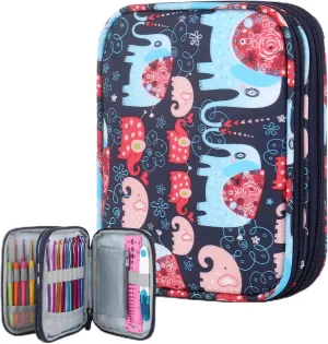 Katech Portable Travel Crochet Storage Bag Organizer with Zipper, Web Pocket and Crochet Holder Slots for Knitting Accessories (Elephant Pattern)