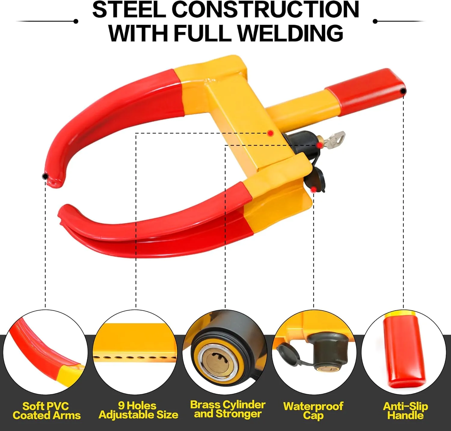 KAYCENTOP Universal Wheel Lock, Security Trailer Wheel Lock, Tire Lock Anti Theft for Trailers Golf Cart SUV Boat ATV Motorcycle Camper, 2 Packs with 6 Alike Keys (Yellow-Red)