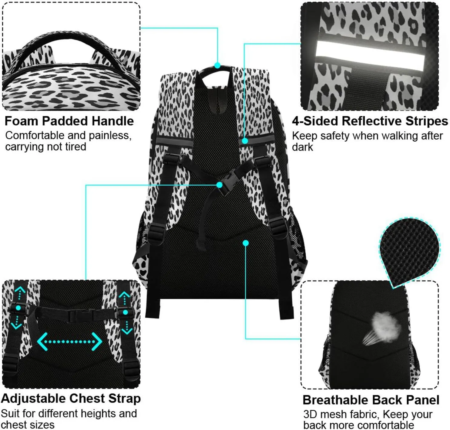 Kcldeci Backpack for Girls-Boys Animal Leopard Gray Colors Middle-School Elementary Bookbags School Book Bag Travel Bag