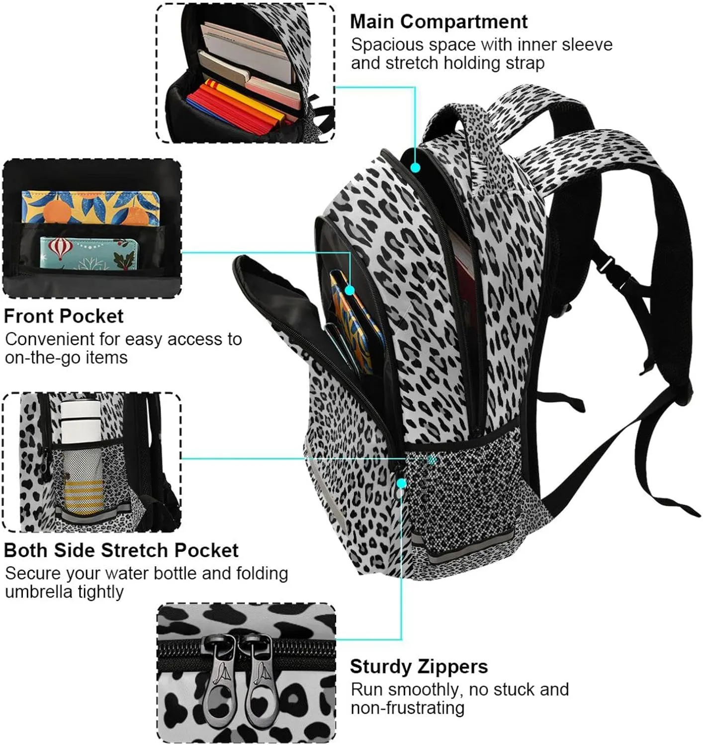 Kcldeci Backpack for Girls-Boys Animal Leopard Gray Colors Middle-School Elementary Bookbags School Book Bag Travel Bag