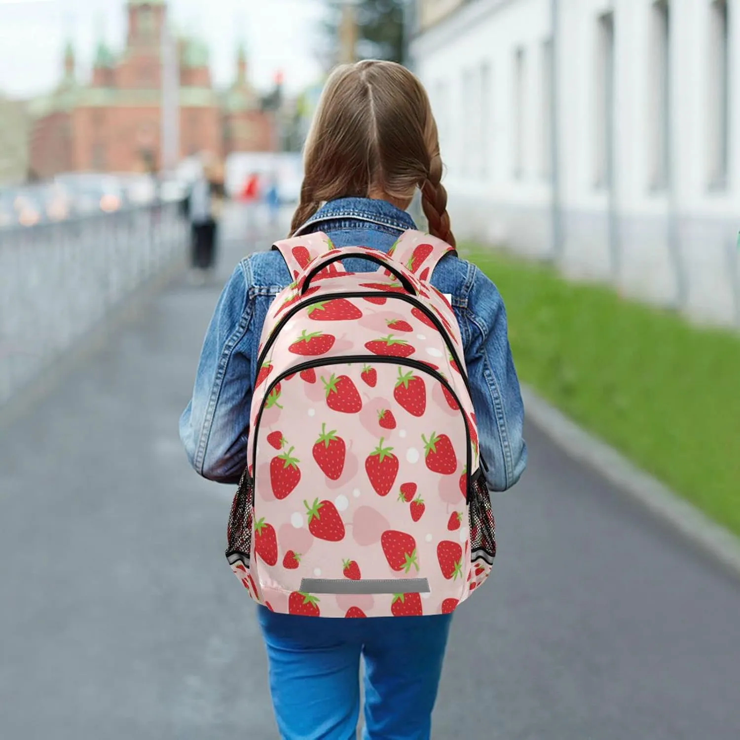 Kcldeci Pink Strawberry Kids Backpack for Girls Boys Strawberries Fruit Middle-School Backpacks Elementary Bookbags School Book Bag Travel Bag