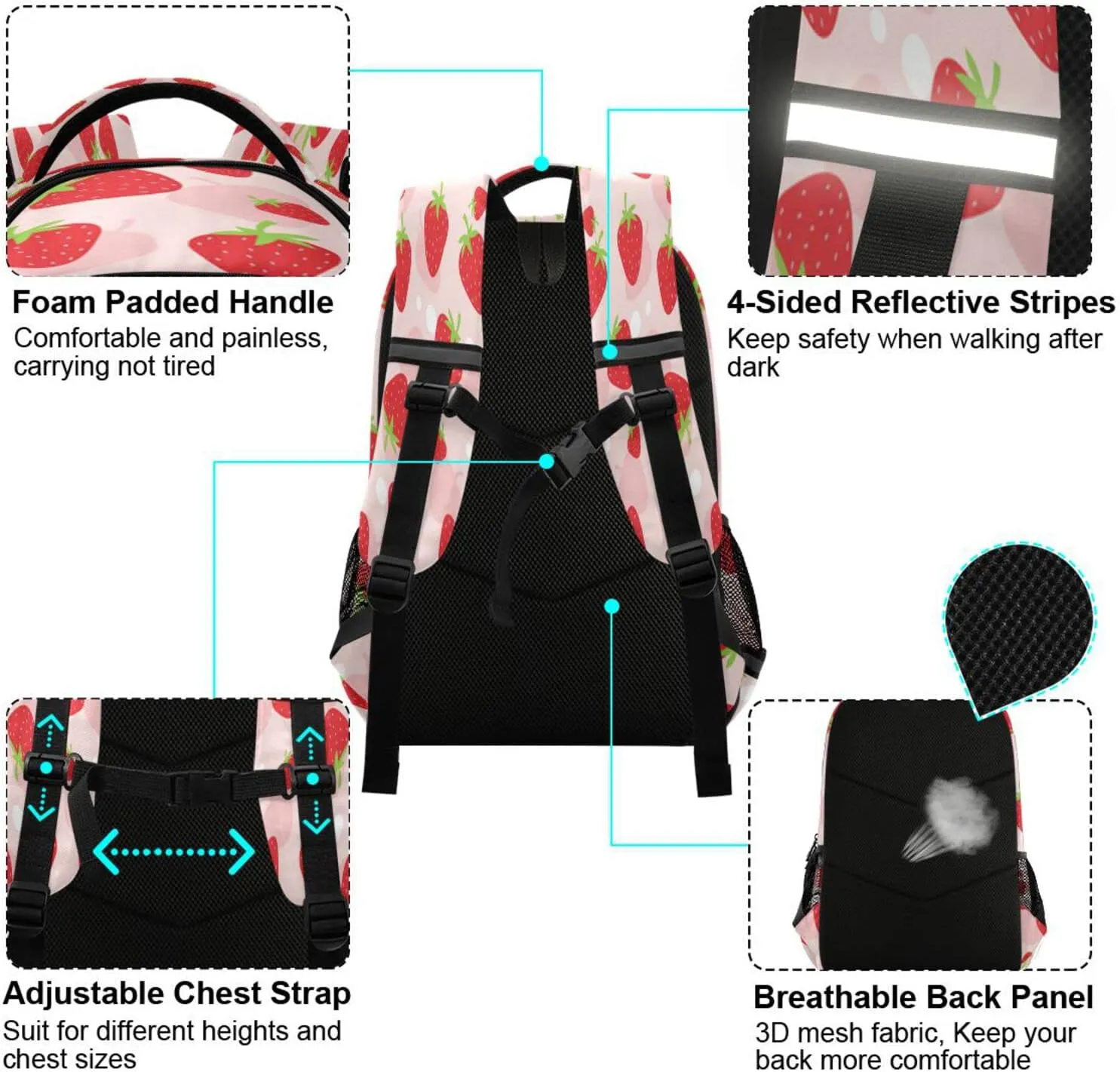 Kcldeci Pink Strawberry Kids Backpack for Girls Boys Strawberries Fruit Middle-School Backpacks Elementary Bookbags School Book Bag Travel Bag