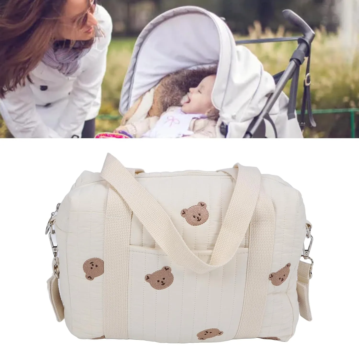 Keenso Multifunctional Baby Stroller Storage Bag Zipper Embroidery Reusable Handbag Nappy Bag (Bear Bag)