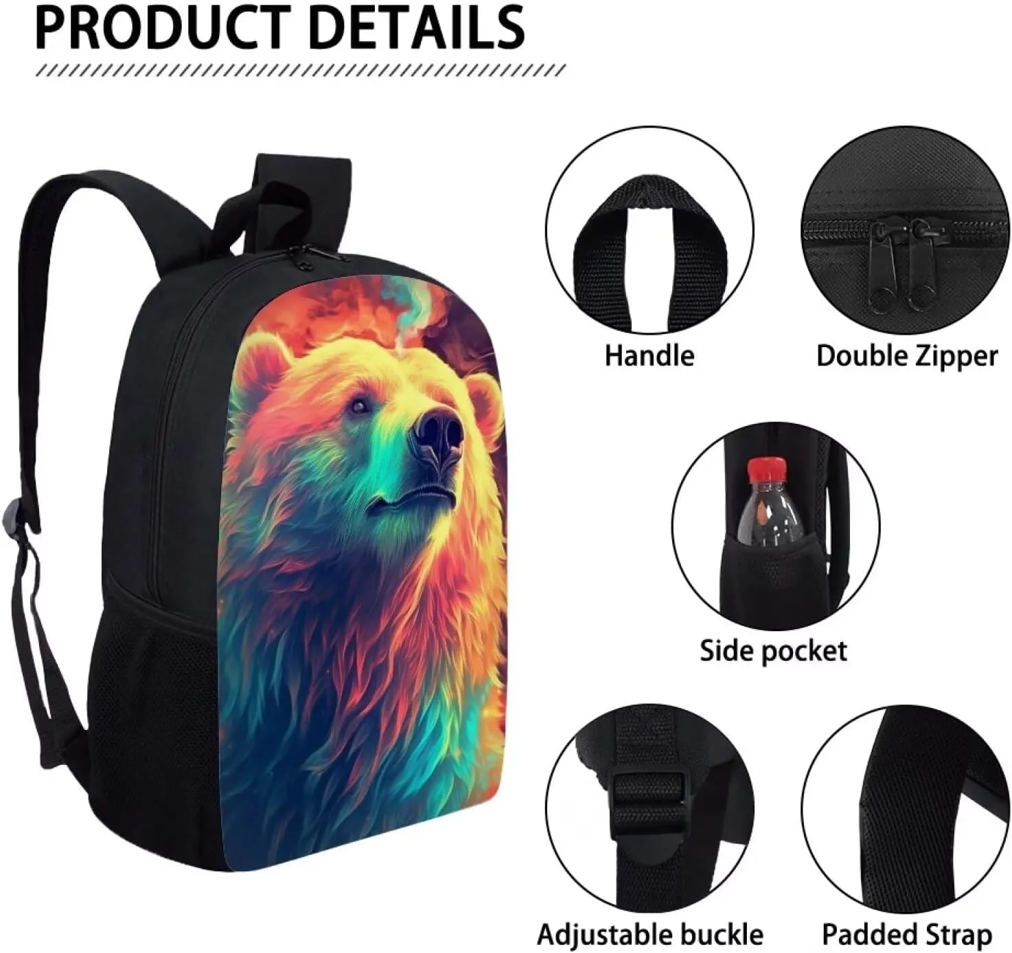 Kids Cute Animal School Backpack 17 Inch Black Lightweight Sturdy Soft Padded Bear Backpack for Girls Boys Trendy Personalized Bookbag with Mesh Pocket Children Travel Outing Daypack