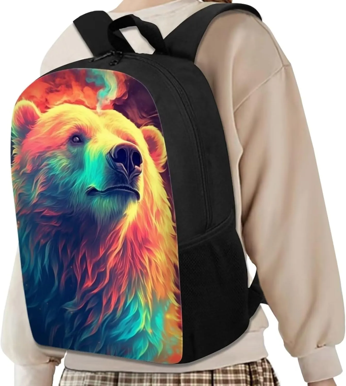 Kids Cute Animal School Backpack 17 Inch Black Lightweight Sturdy Soft Padded Bear Backpack for Girls Boys Trendy Personalized Bookbag with Mesh Pocket Children Travel Outing Daypack