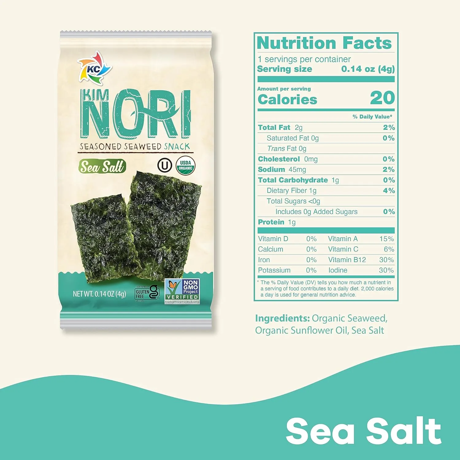 KIMNORI Seasoned Seaweed Snacks Sheets – Organic Sea Salt Flavor 12 Individual Packs Roasted Crispy Premium 100% Natural Laver Kim Nori 4g 0.14 Ounce 김 のり 海苔 紫菜