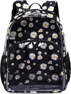 Kimwadalh Heavy Duty Clear Backpack, Black Daisy TPU See Through backpack for Women, Lightweight Clear Book Bag for School College Work Travel Beach Swim