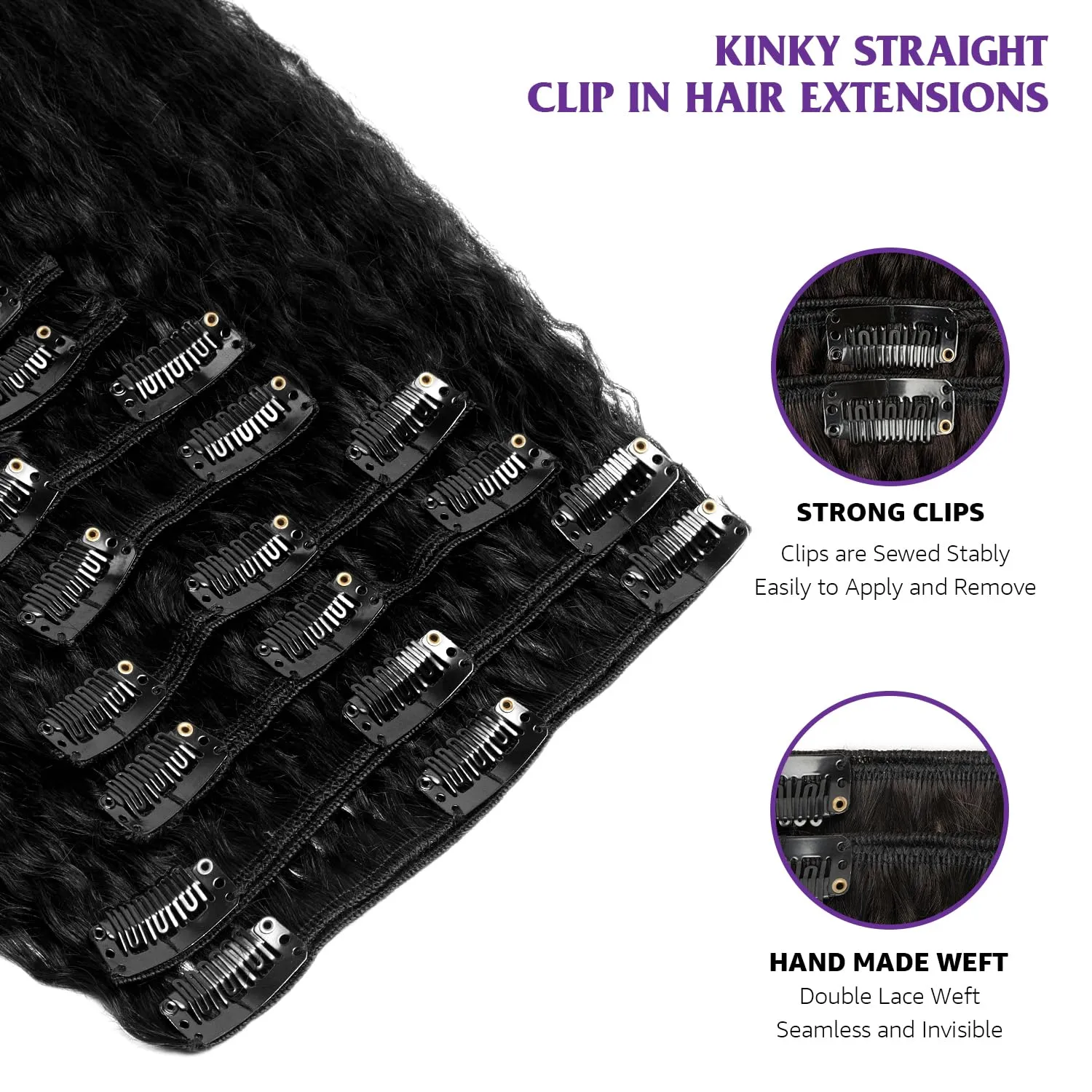 Kinky Straight Clip in Hair Extensions Real Human Hair Yaki Straight Clip ins for Women Brazilian Remy Human Hair Extensions Double Weft 8pcs 90g Per Set with 18 Clips (16 Inch, #1 Jet Black Color)