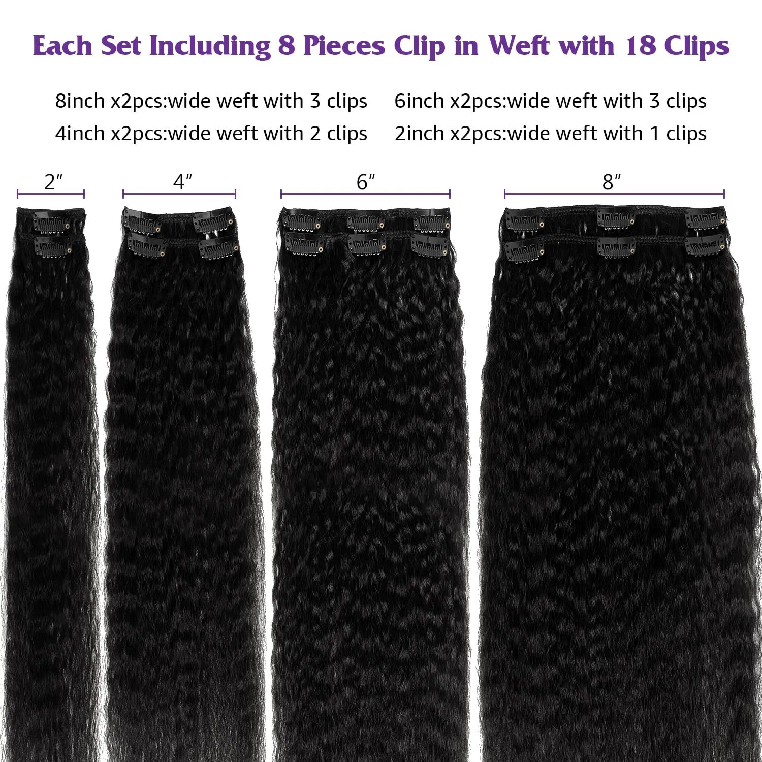 Kinky Straight Clip in Hair Extensions Real Human Hair Yaki Straight Clip ins for Women Brazilian Remy Human Hair Extensions Double Weft 8pcs 90g Per Set with 18 Clips (16 Inch, #1 Jet Black Color)