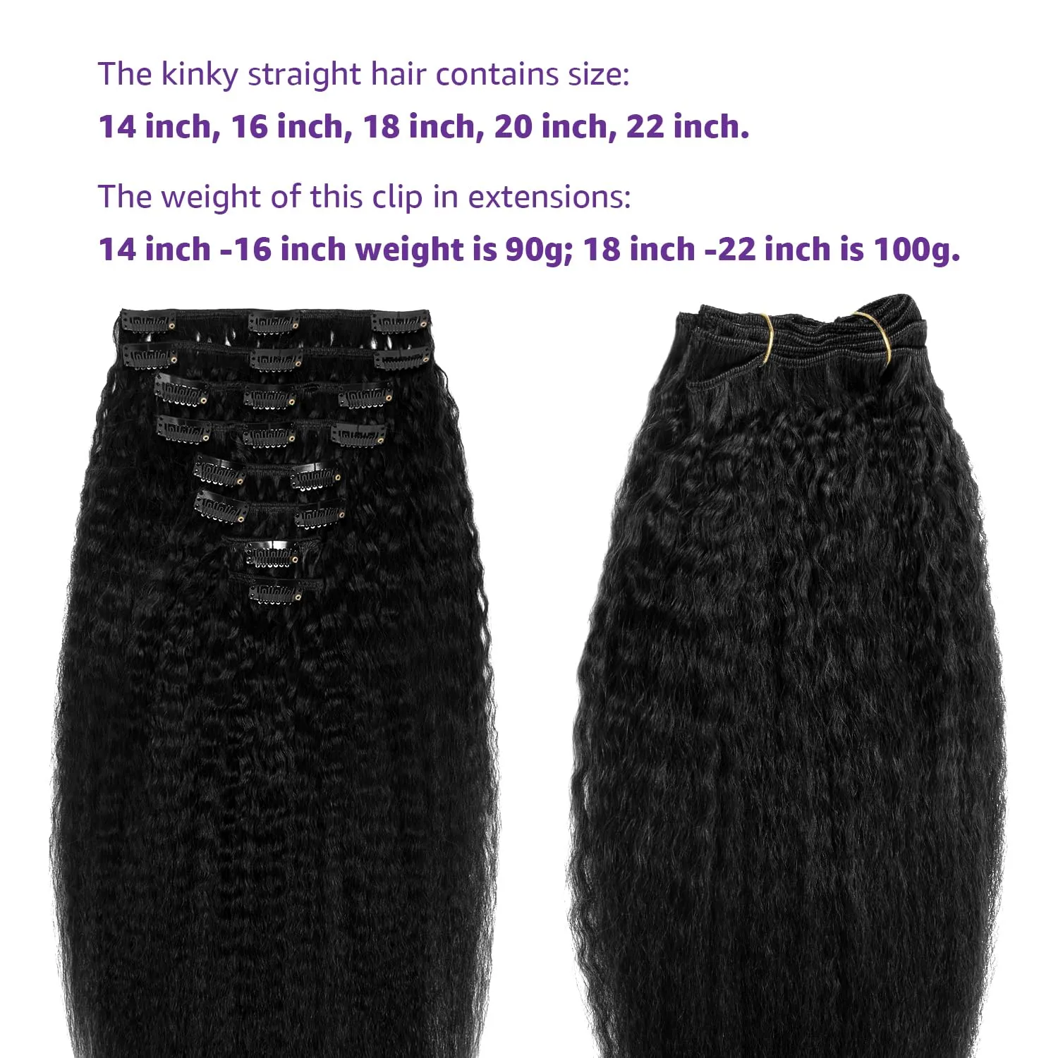 Kinky Straight Clip in Hair Extensions Real Human Hair Yaki Straight Clip ins for Women Brazilian Remy Human Hair Extensions Double Weft 8pcs 90g Per Set with 18 Clips (16 Inch, #1 Jet Black Color)