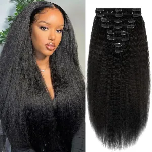 Kinky Straight Clip in Hair Extensions Real Human Hair Yaki Straight Clip ins for Women Brazilian Remy Human Hair Extensions Double Weft 8pcs 90g Per Set with 18 Clips (16 Inch, #1 Jet Black Color)