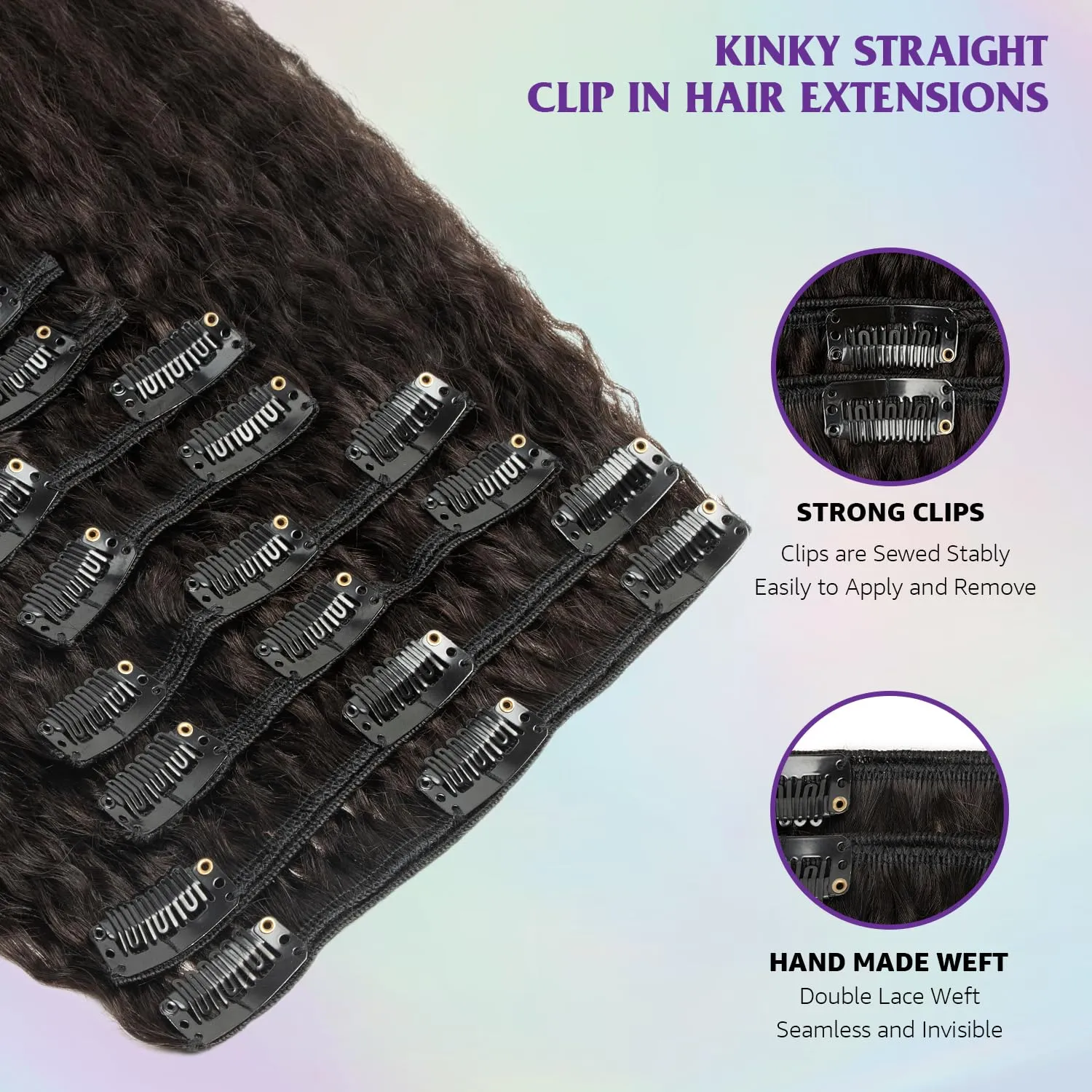 Kinky Straight Human Hair Clip in Extensions 16 Inch Yaki Straight Clip ins for Women Full Head Brazilian Remy Human Hair Extensions Double Weft 8pcs 100g Per Set with 18 Clips Natural Black