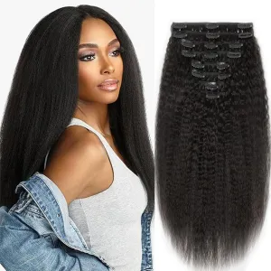Kinky Straight Human Hair Clip in Extensions 16 Inch Yaki Straight Clip ins for Women Full Head Brazilian Remy Human Hair Extensions Double Weft 8pcs 100g Per Set with 18 Clips Natural Black