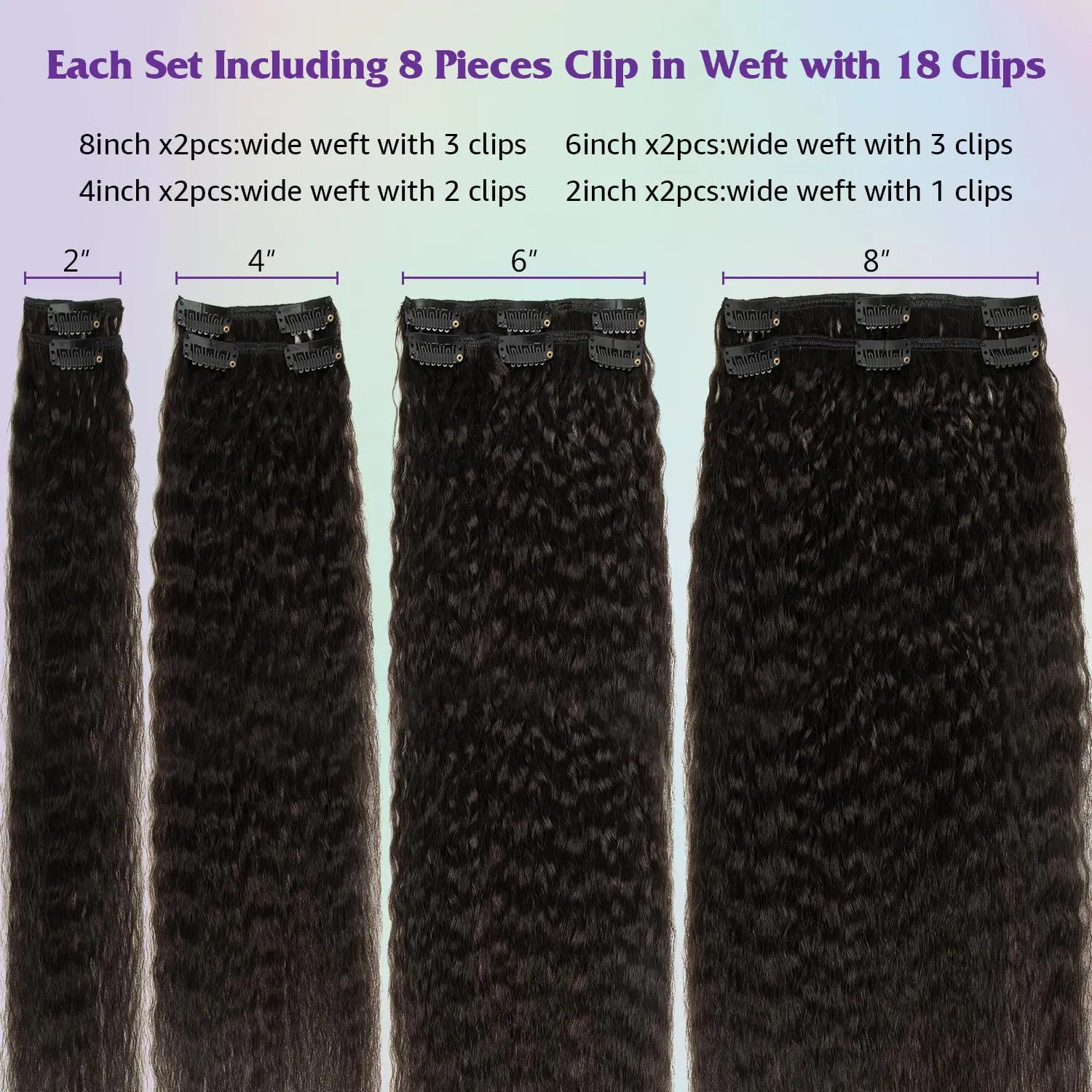Kinky Straight Human Hair Clip in Extensions 16 Inch Yaki Straight Clip ins for Women Full Head Brazilian Remy Human Hair Extensions Double Weft 8pcs 100g Per Set with 18 Clips Natural Black