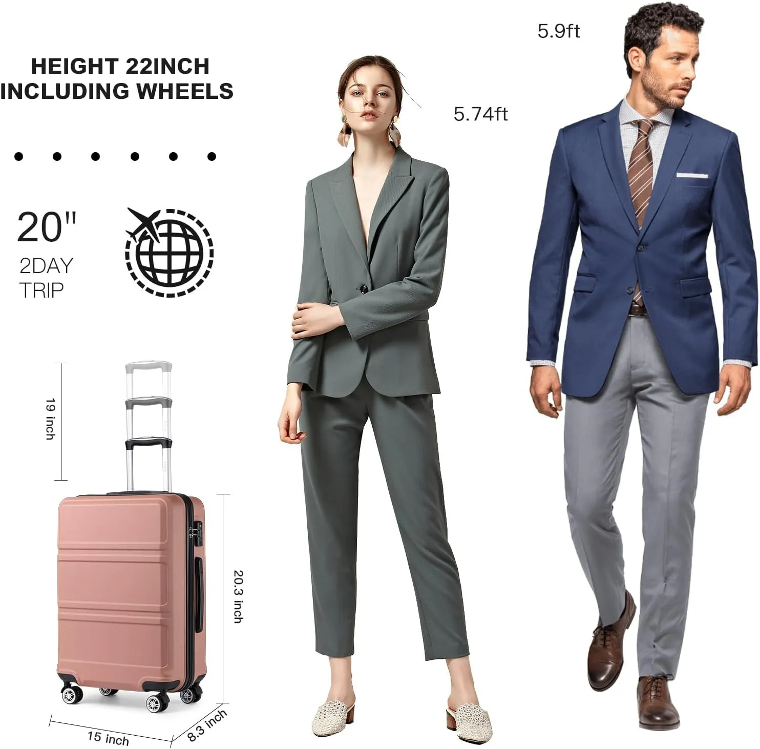 Kono 20'' Carry on Luggage Lightweight with Spinner Wheel TSA Lock Hardside Luggage Airline Approved Carry on Suitcase Nude/Rose Gold