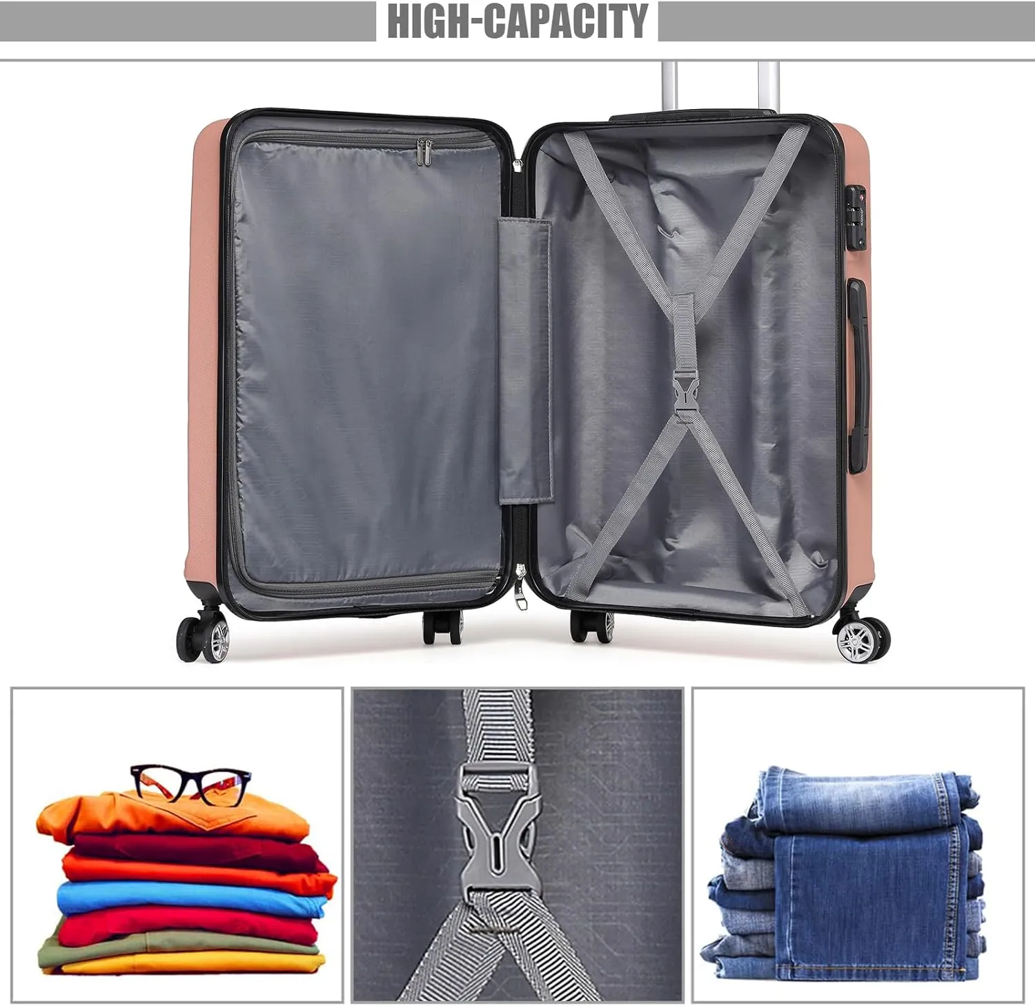 Kono 20'' Carry on Luggage Lightweight with Spinner Wheel TSA Lock Hardside Luggage Airline Approved Carry on Suitcase Nude/Rose Gold