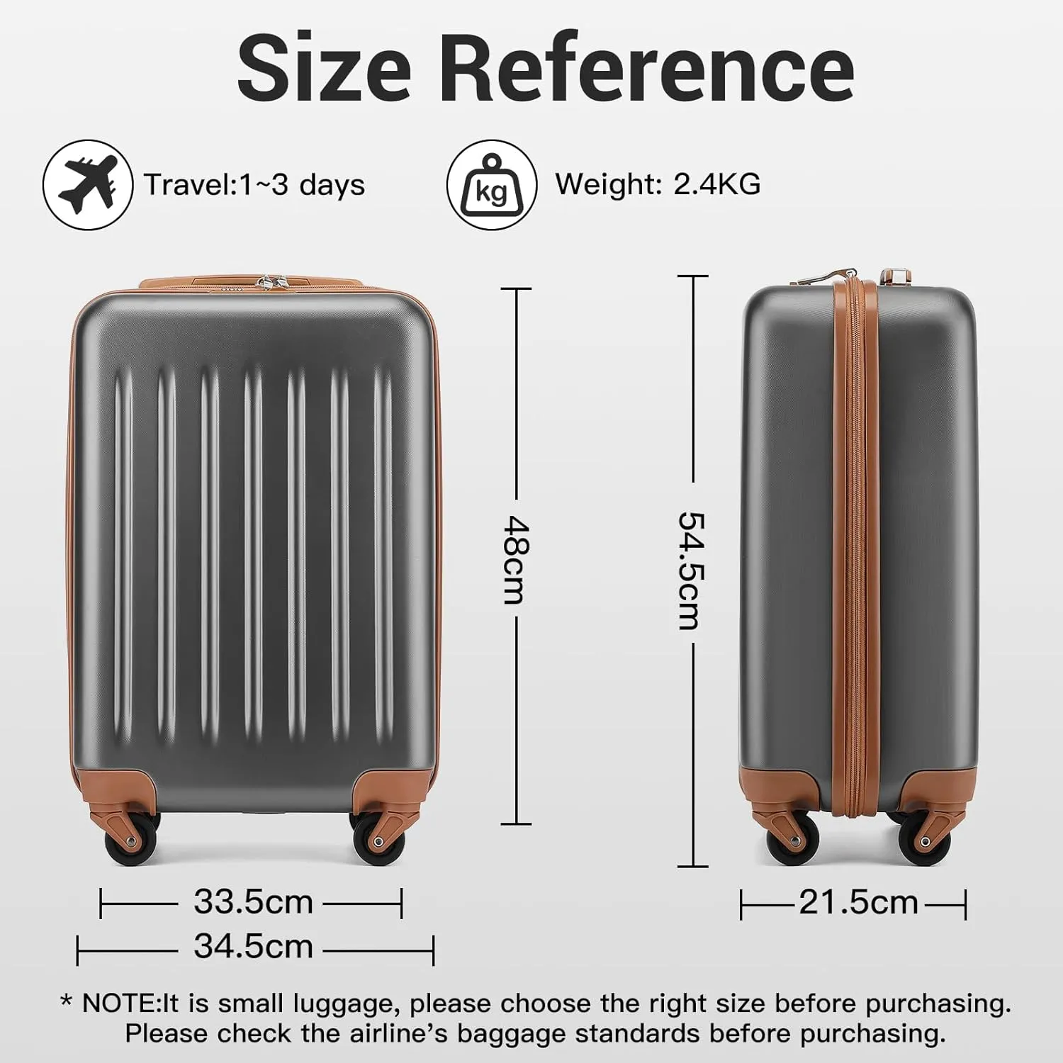 Kono 20-Inch Small Hardside Carry-on Suitcase with Spinner Wheels, Lightweight Rolling Cabin Suitcase for Airplane Travel (Grey Brown, for 1-3 Days of Travel)