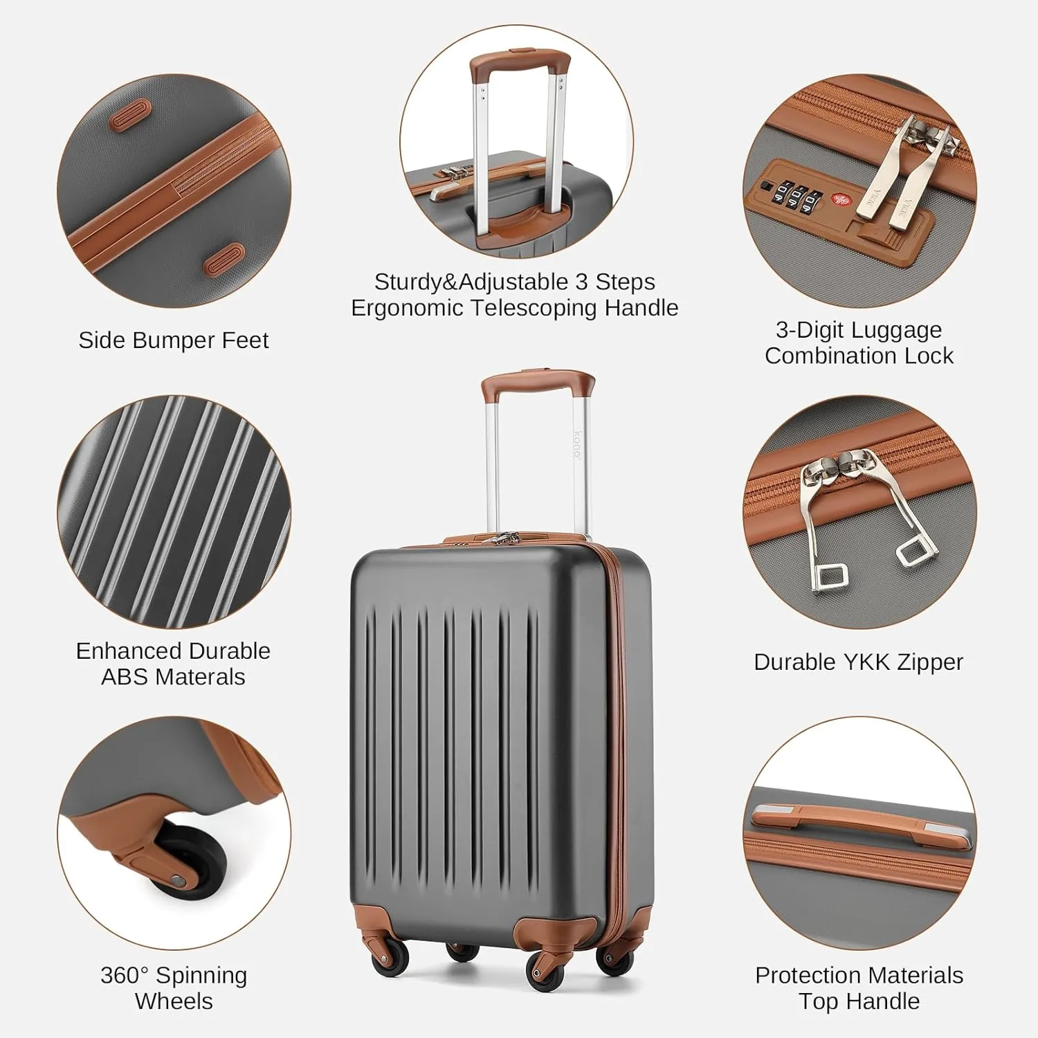 Kono 20-Inch Small Hardside Carry-on Suitcase with Spinner Wheels, Lightweight Rolling Cabin Suitcase for Airplane Travel (Grey Brown, for 1-3 Days of Travel)