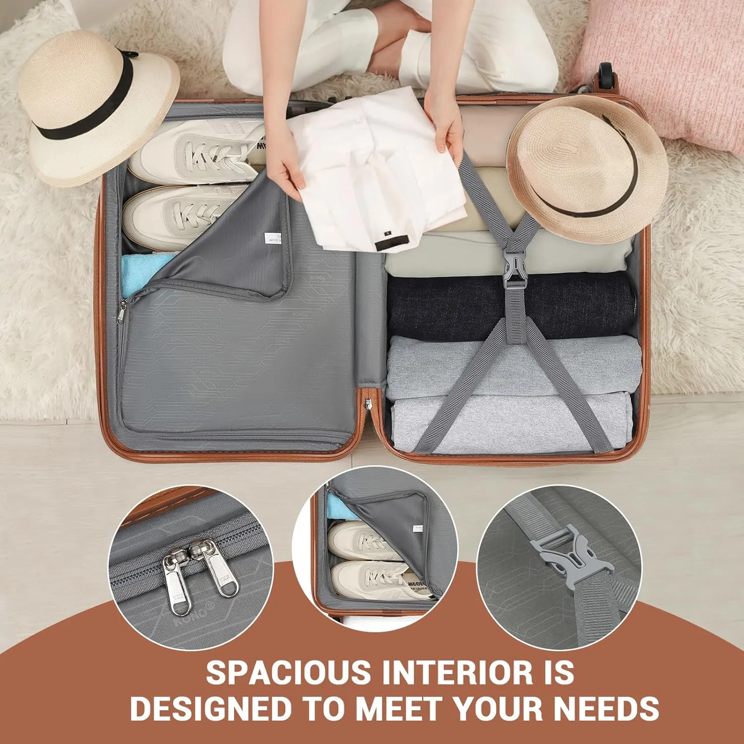 Kono 20-Inch Small Hardside Carry-on Suitcase with Spinner Wheels, Lightweight Rolling Cabin Suitcase for Airplane Travel (Grey Brown, for 1-3 Days of Travel)