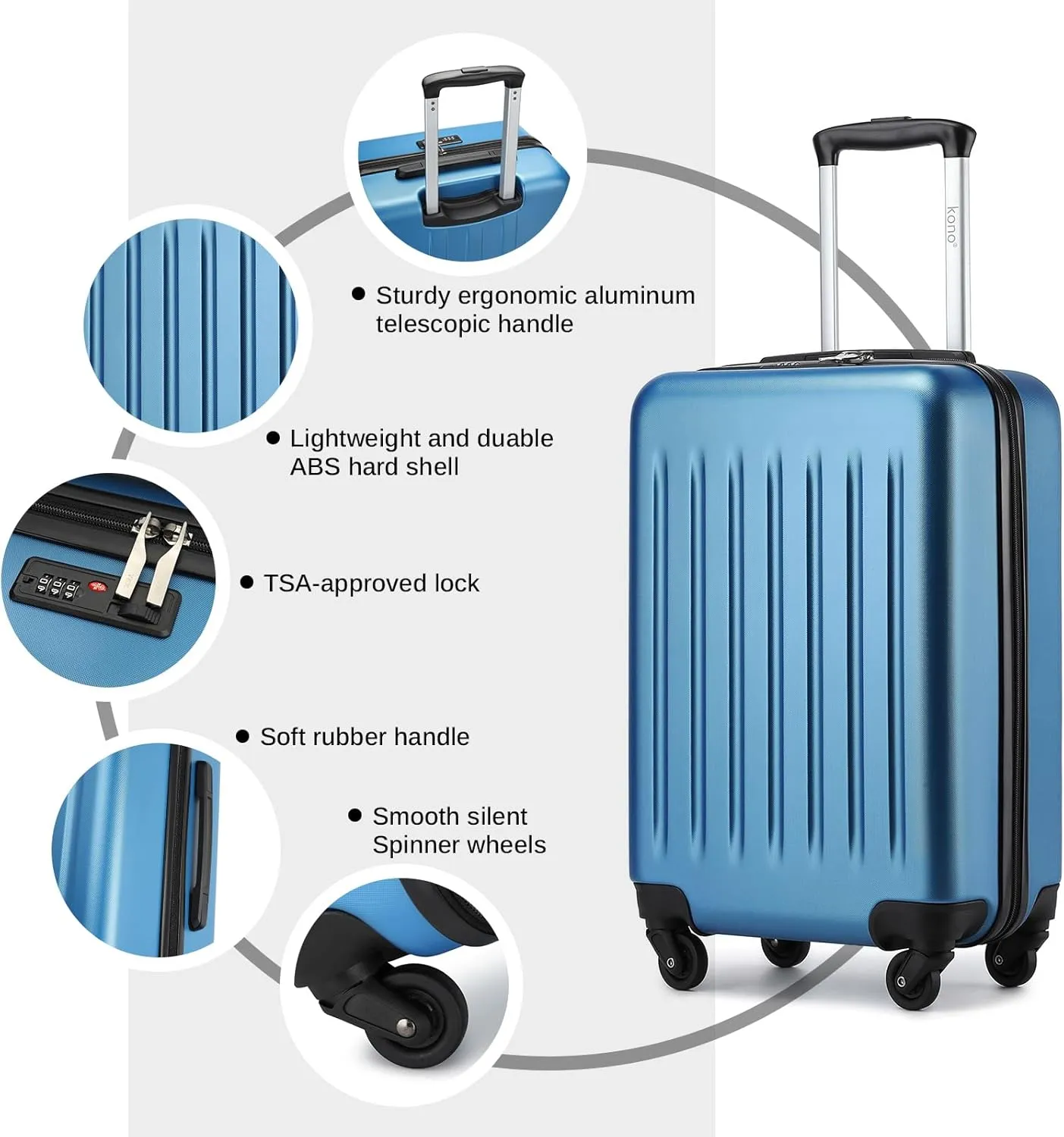 Kono 20-Inch Small Hardside Carry-on Suitcase with Spinner Wheels, Lightweight Rolling Cabin Suitcase for Airplane Travel (Navy, for 1-3 Days of Travel)