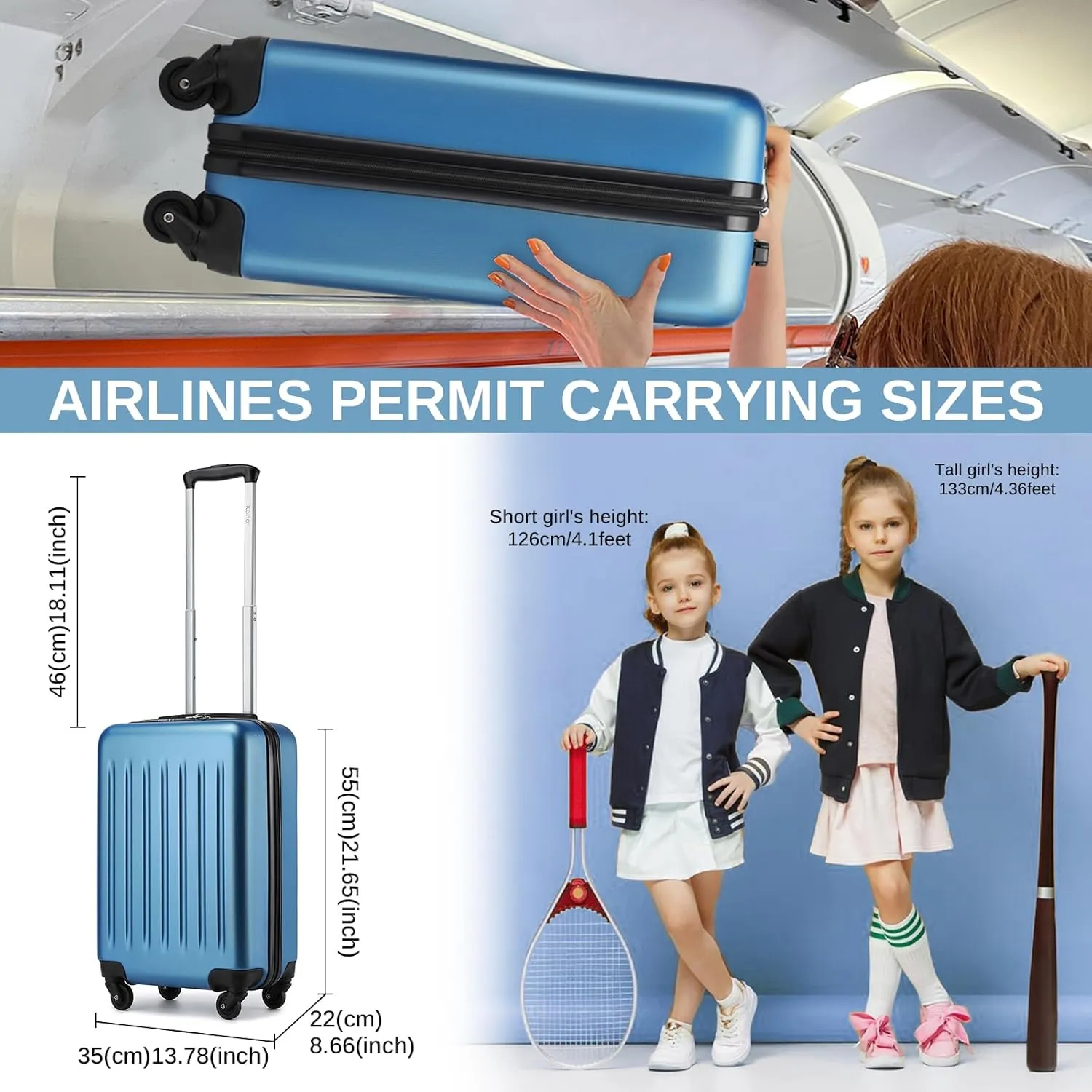 Kono 20-Inch Small Hardside Carry-on Suitcase with Spinner Wheels, Lightweight Rolling Cabin Suitcase for Airplane Travel (Navy, for 1-3 Days of Travel)