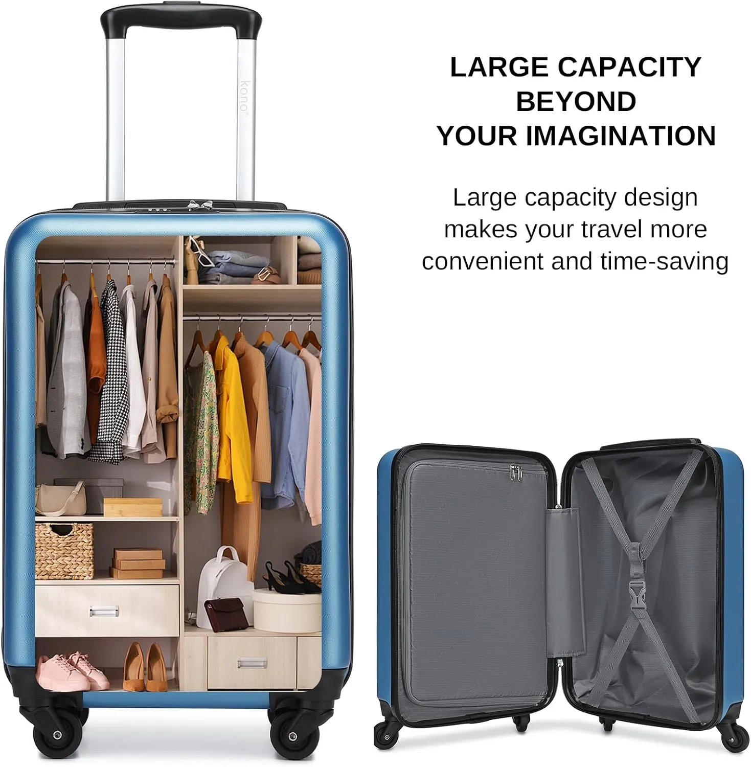Kono 20-Inch Small Hardside Carry-on Suitcase with Spinner Wheels, Lightweight Rolling Cabin Suitcase for Airplane Travel (Navy, for 1-3 Days of Travel)