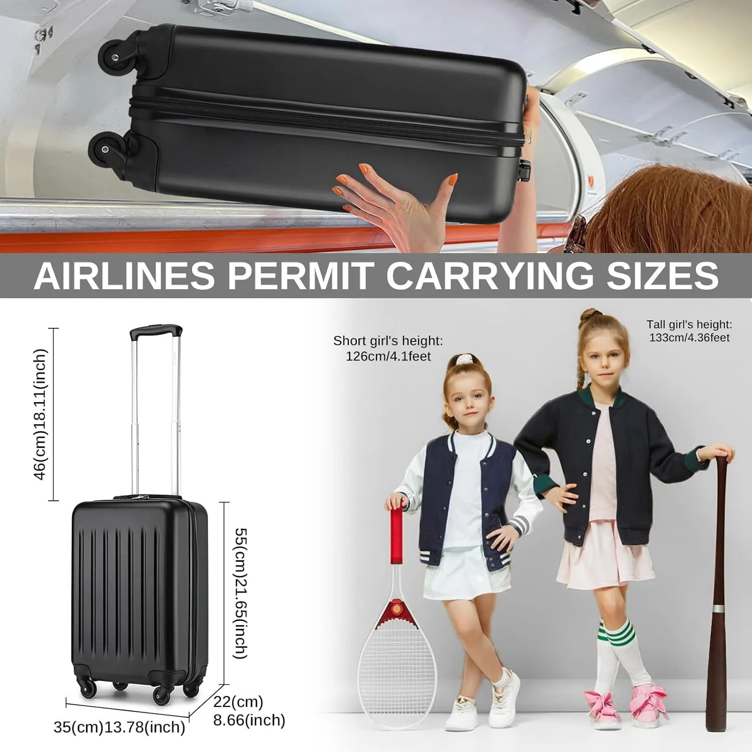Kono Small Carry on Suitcase 20 Inch Hardside Carry on Luggage Suitcase with Spinner Wheels, Lightweight Rolling Cabin Suitcase for Airplanes Travel (Black, For 1-3 Days Travel)