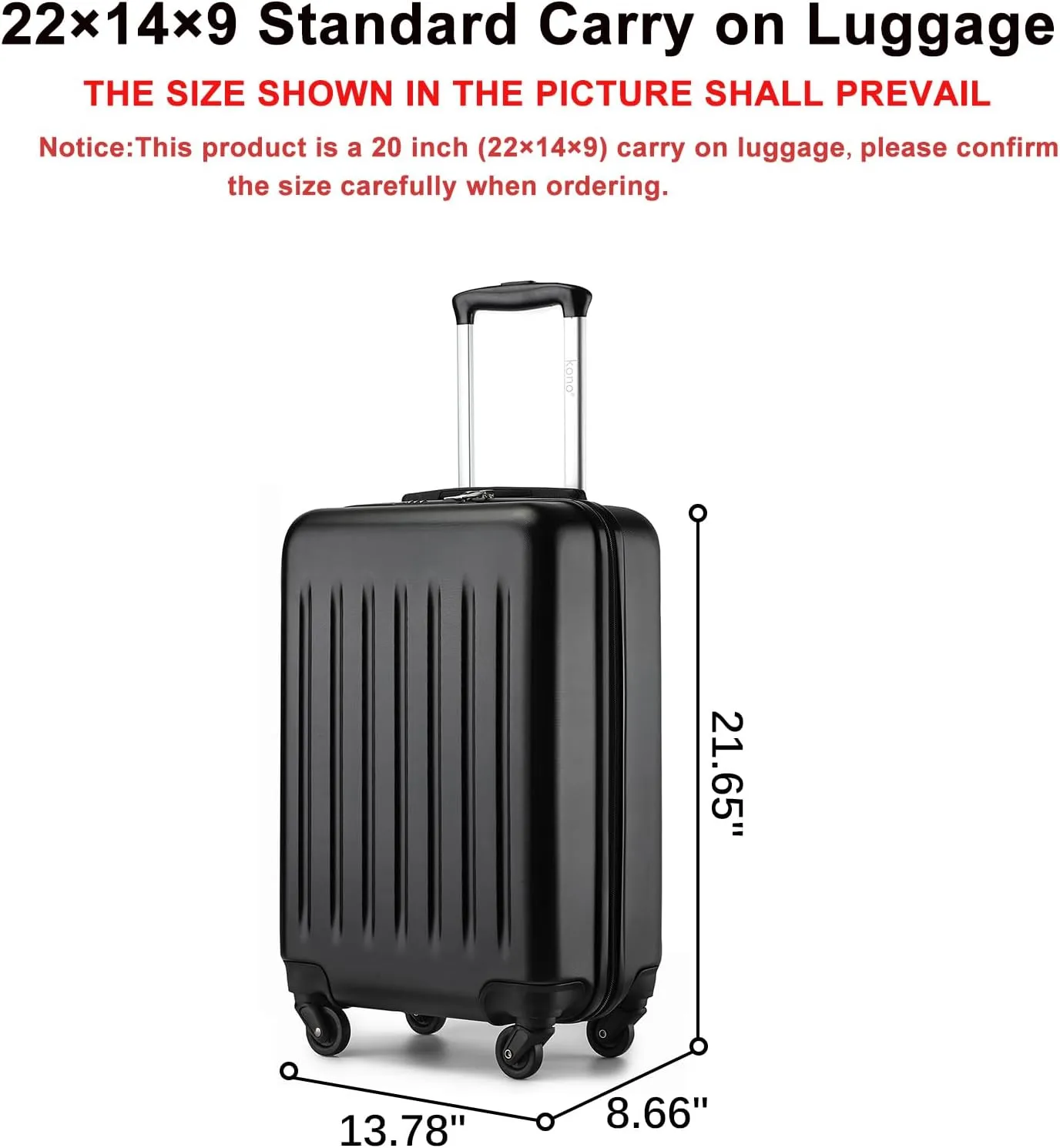 Kono Small Carry on Suitcase 20 Inch Hardside Carry on Luggage Suitcase with Spinner Wheels, Lightweight Rolling Cabin Suitcase for Airplanes Travel (Black, For 1-3 Days Travel)