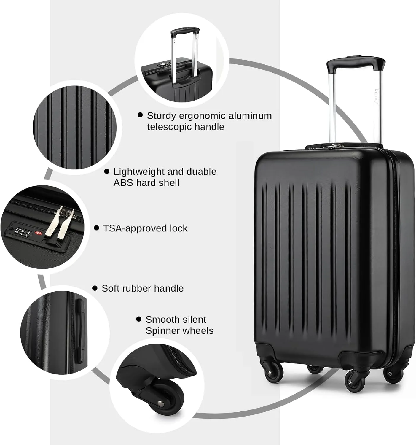 Kono Small Carry on Suitcase 20 Inch Hardside Carry on Luggage Suitcase with Spinner Wheels, Lightweight Rolling Cabin Suitcase for Airplanes Travel (Black, For 1-3 Days Travel)