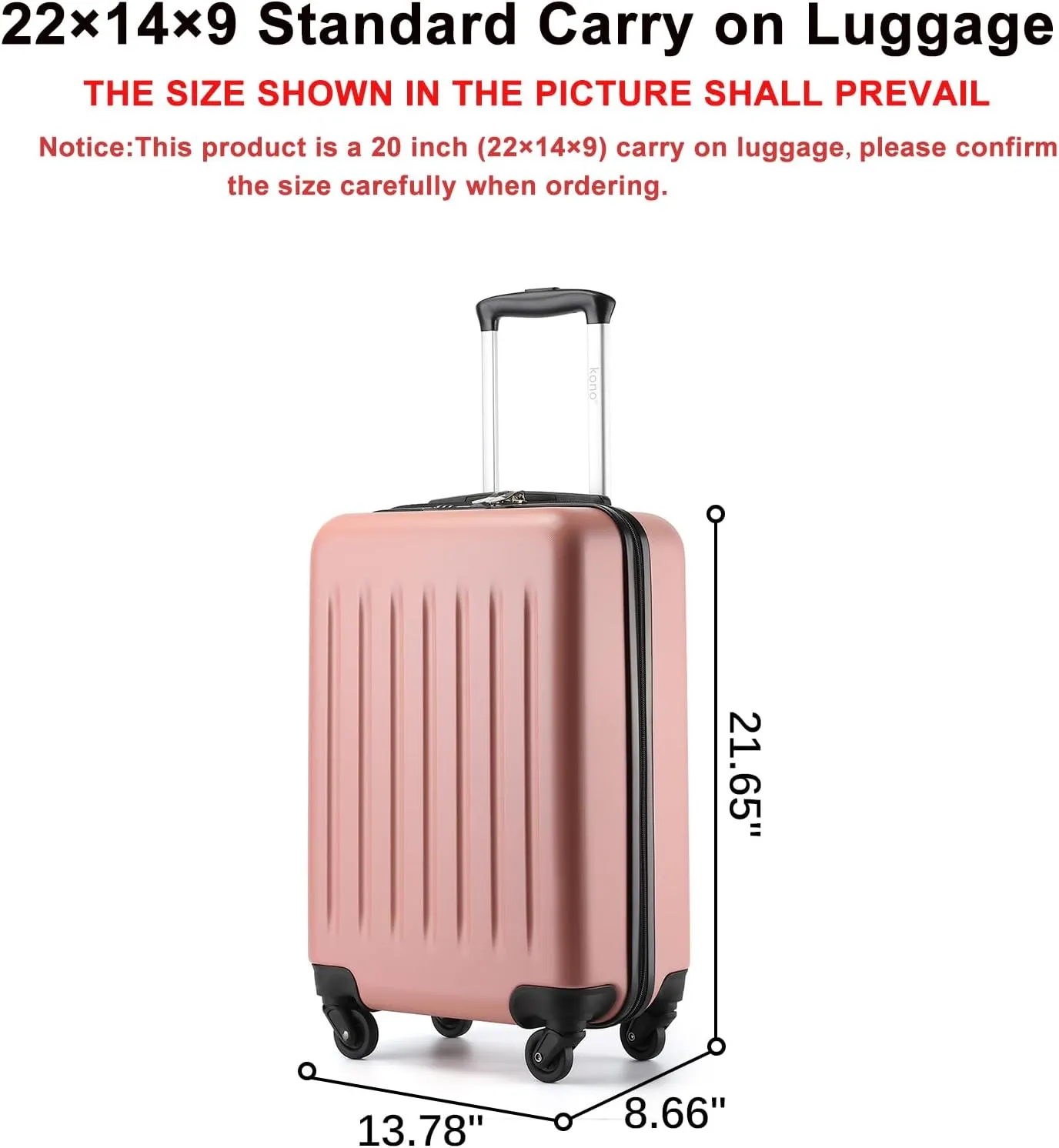 Kono Small Carry on Suitcase 20 Inch Hardside Carry on Luggage Suitcase with Spinner Wheels, Lightweight Rolling Cabin Suitcase for Airplanes Travel (Rose Gold, For 1-3 Days Travel)