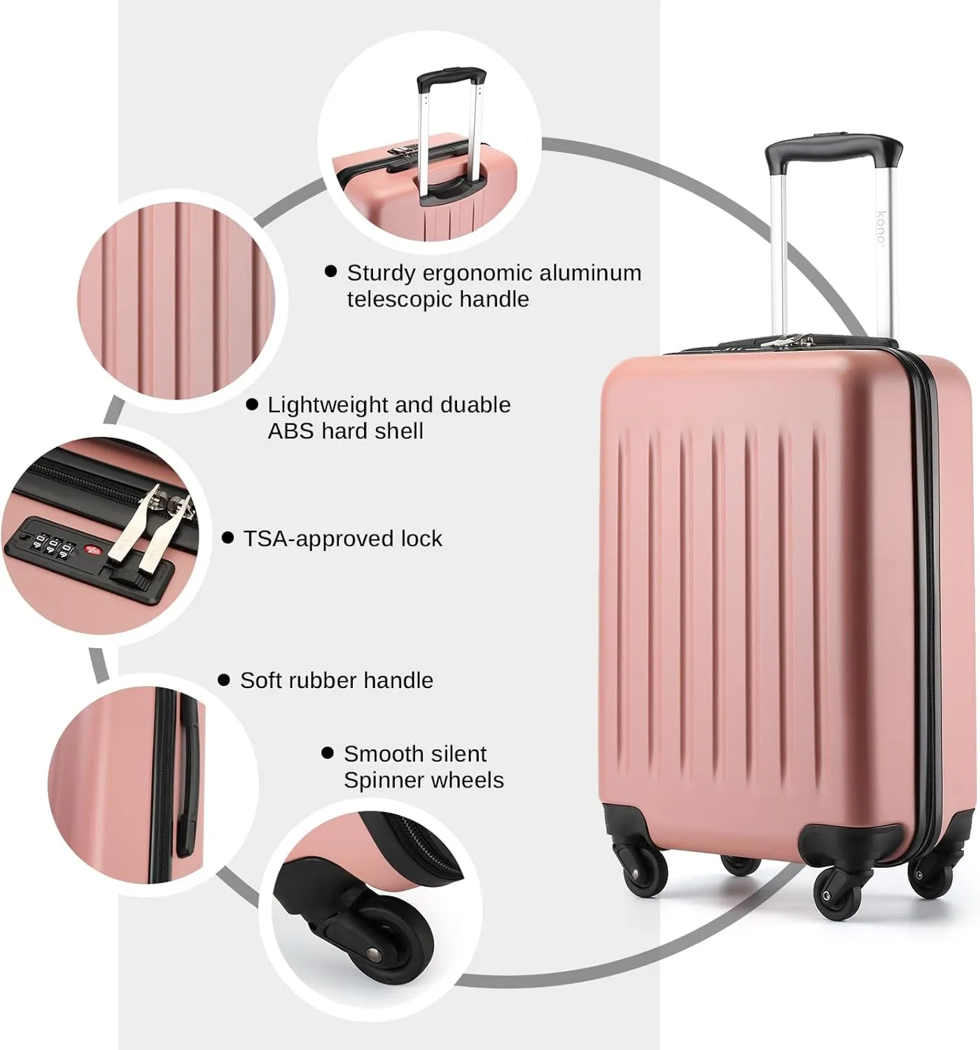 Kono Small Carry on Suitcase 20 Inch Hardside Carry on Luggage Suitcase with Spinner Wheels, Lightweight Rolling Cabin Suitcase for Airplanes Travel (Rose Gold, For 1-3 Days Travel)