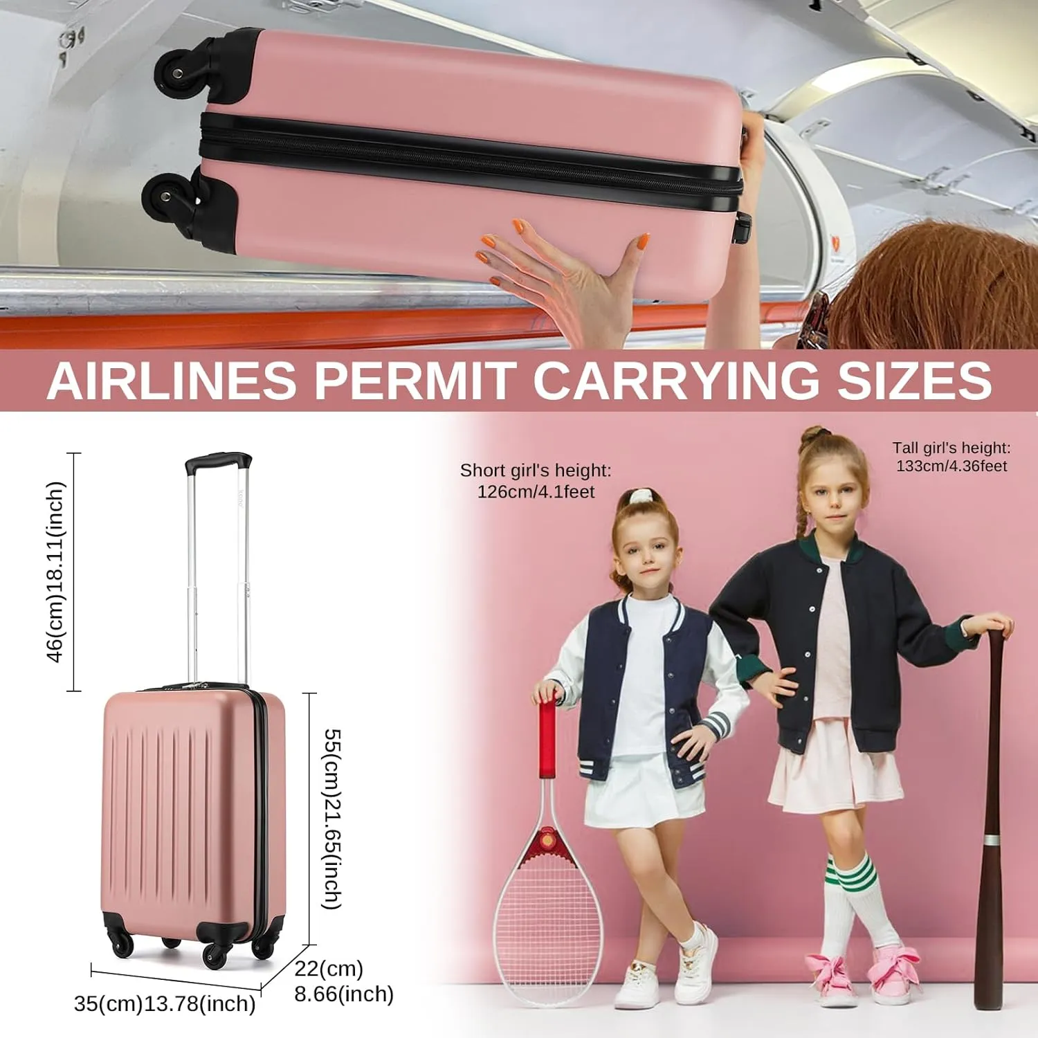Kono Small Carry on Suitcase 20 Inch Hardside Carry on Luggage Suitcase with Spinner Wheels, Lightweight Rolling Cabin Suitcase for Airplanes Travel (Rose Gold, For 1-3 Days Travel)