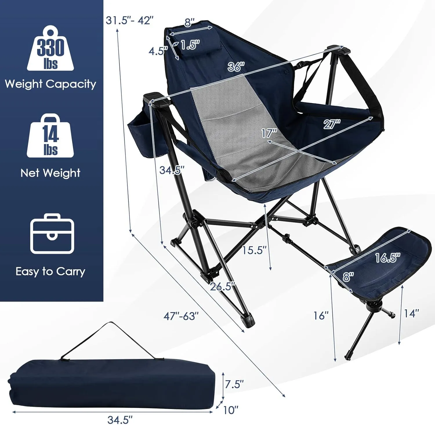 KOTEK Hammock Chair, Portable Camping Chair with Retractable Footrest, Adjustable Backrest, Headrest, Cup Holder & Carry Bag, Folding Rocking Chair for Outdoor Lawn Patio Travel Picnic Fishing (Navy)