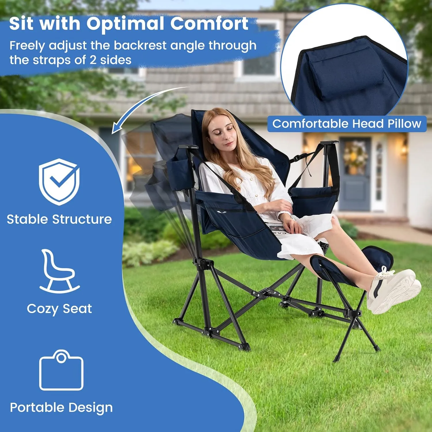 KOTEK Hammock Chair, Portable Camping Chair with Retractable Footrest, Adjustable Backrest, Headrest, Cup Holder & Carry Bag, Folding Rocking Chair for Outdoor Lawn Patio Travel Picnic Fishing (Navy)