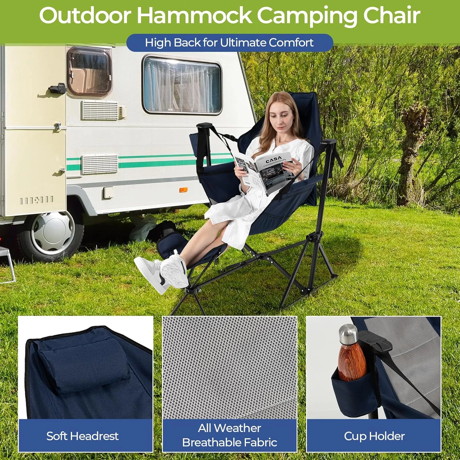 KOTEK Hammock Chair, Portable Camping Chair with Retractable Footrest, Adjustable Backrest, Headrest, Cup Holder & Carry Bag, Folding Rocking Chair for Outdoor Lawn Patio Travel Picnic Fishing (Navy)