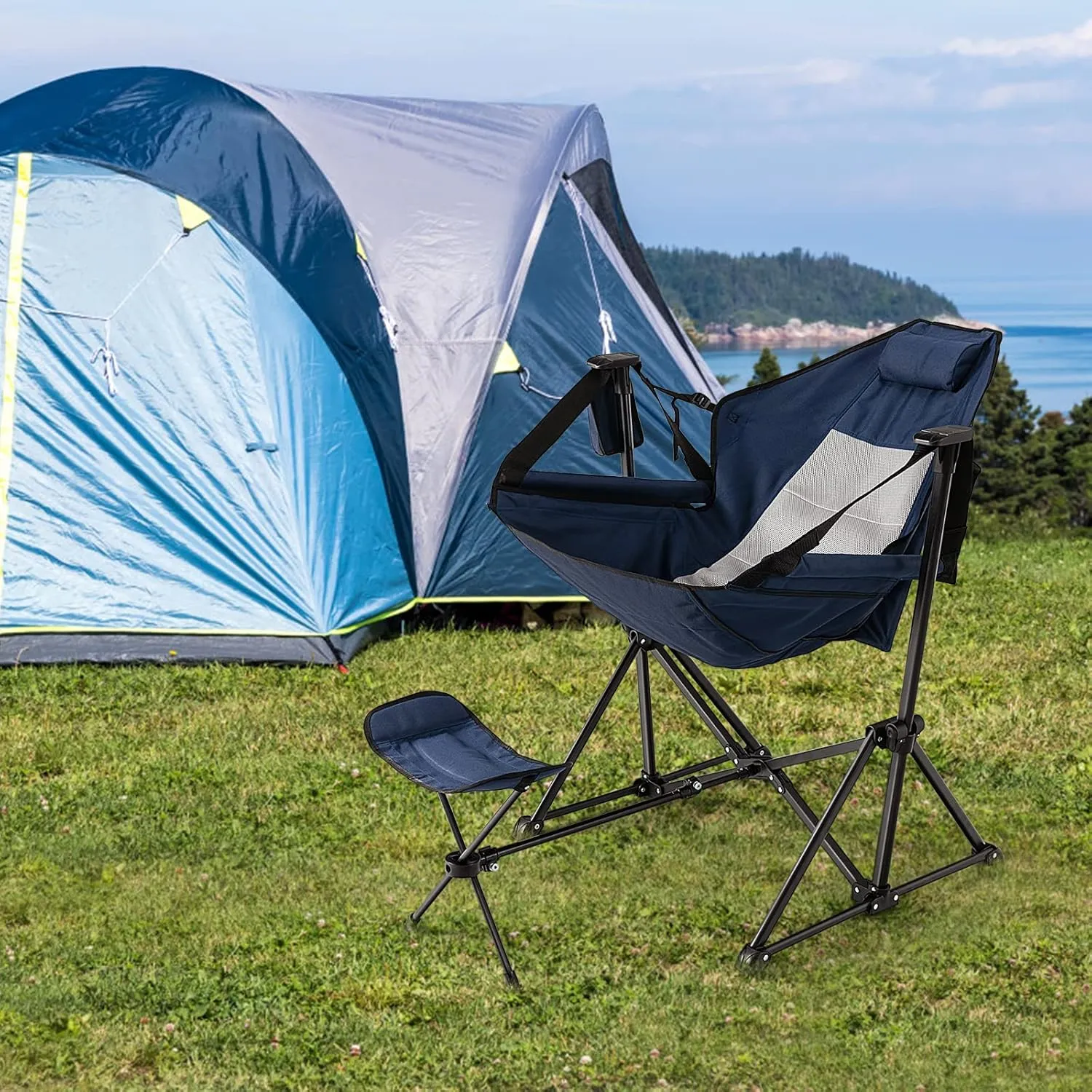 KOTEK Hammock Chair, Portable Camping Chair with Retractable Footrest, Adjustable Backrest, Headrest, Cup Holder & Carry Bag, Folding Rocking Chair for Outdoor Lawn Patio Travel Picnic Fishing (Navy)