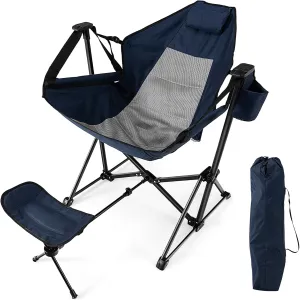 KOTEK Hammock Chair, Portable Camping Chair with Retractable Footrest, Adjustable Backrest, Headrest, Cup Holder & Carry Bag, Folding Rocking Chair for Outdoor Lawn Patio Travel Picnic Fishing (Navy)