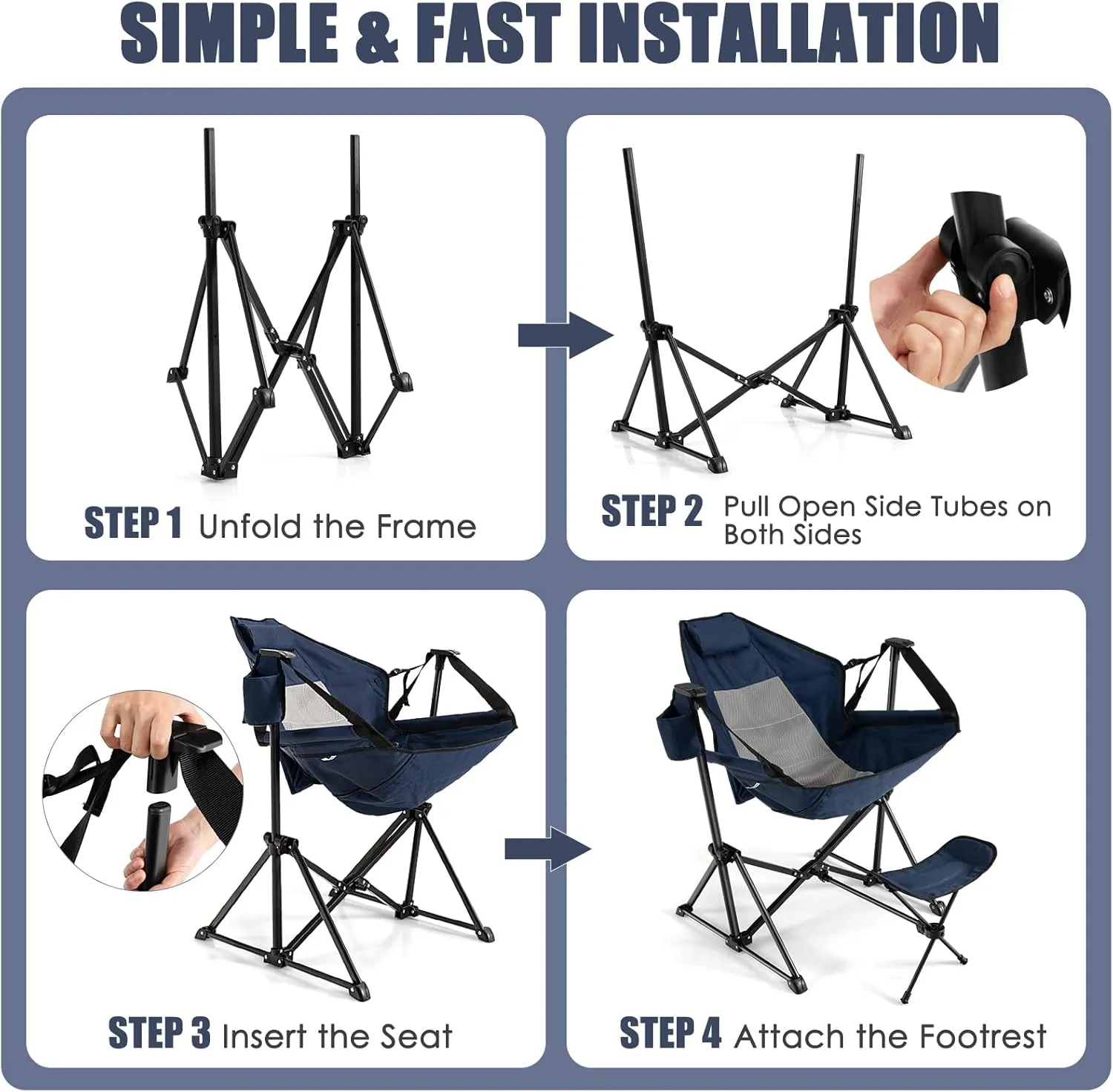 KOTEK Hammock Chair, Portable Camping Chair with Retractable Footrest, Adjustable Backrest, Headrest, Cup Holder & Carry Bag, Folding Rocking Chair for Outdoor Lawn Patio Travel Picnic Fishing (Navy)