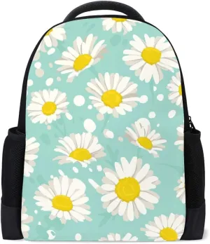 Kuizee Classic Backpack Adjustable Padded Shoulder Straps Daypack ﻿Camomiles Flowers Daisy Blue Cute Floral Book Bag Casual Bags Durable College School Daily 16Inch