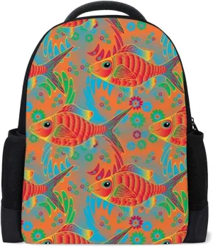 Kuizee Classic Backpack Adjustable Padded Shoulder Straps Daypack ﻿Fish Swimming Colorful Ethnic Book Bag Casual Bags Durable College School Daily 16Inch