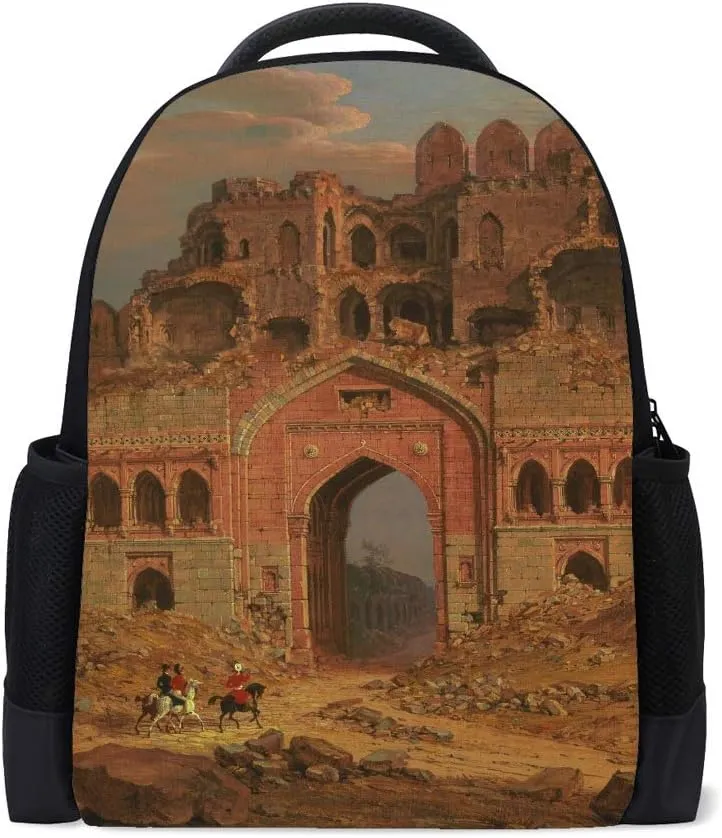 Kuizee Classic Backpack Adjustable Padded Shoulder Straps Daypack ﻿Oil Painting Ruin City Gate Epic Book Bag Casual Bags Durable College School Daily 16Inch
