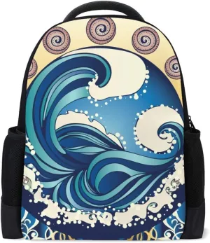 Kuizee Classic Backpack Schoolbag Adjustable Padded Shoulder Straps Daypack ﻿Big Waves Oocean Sea Art Nouveau Blue Casual Bags Durable College Daily 16Inch